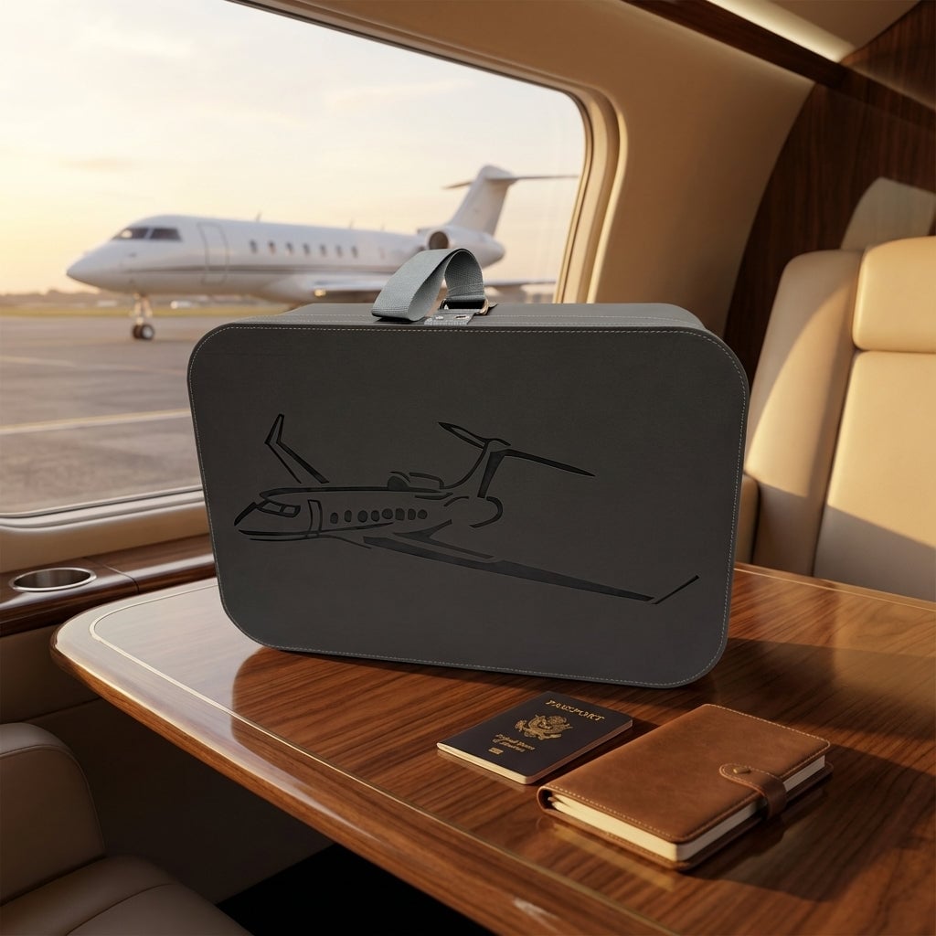 Dark gray padded case with aircraft illustration sitting on wooden table in luxury private jet cabin interior