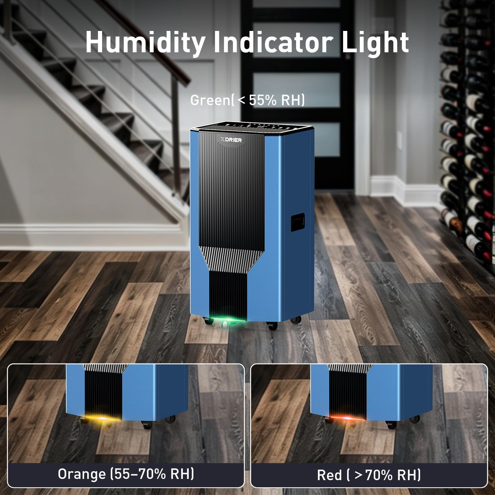 Dehumidifier with humidity indicator light showing green for below 55% RH, orange for 55-70% RH, and red for above 70% RH