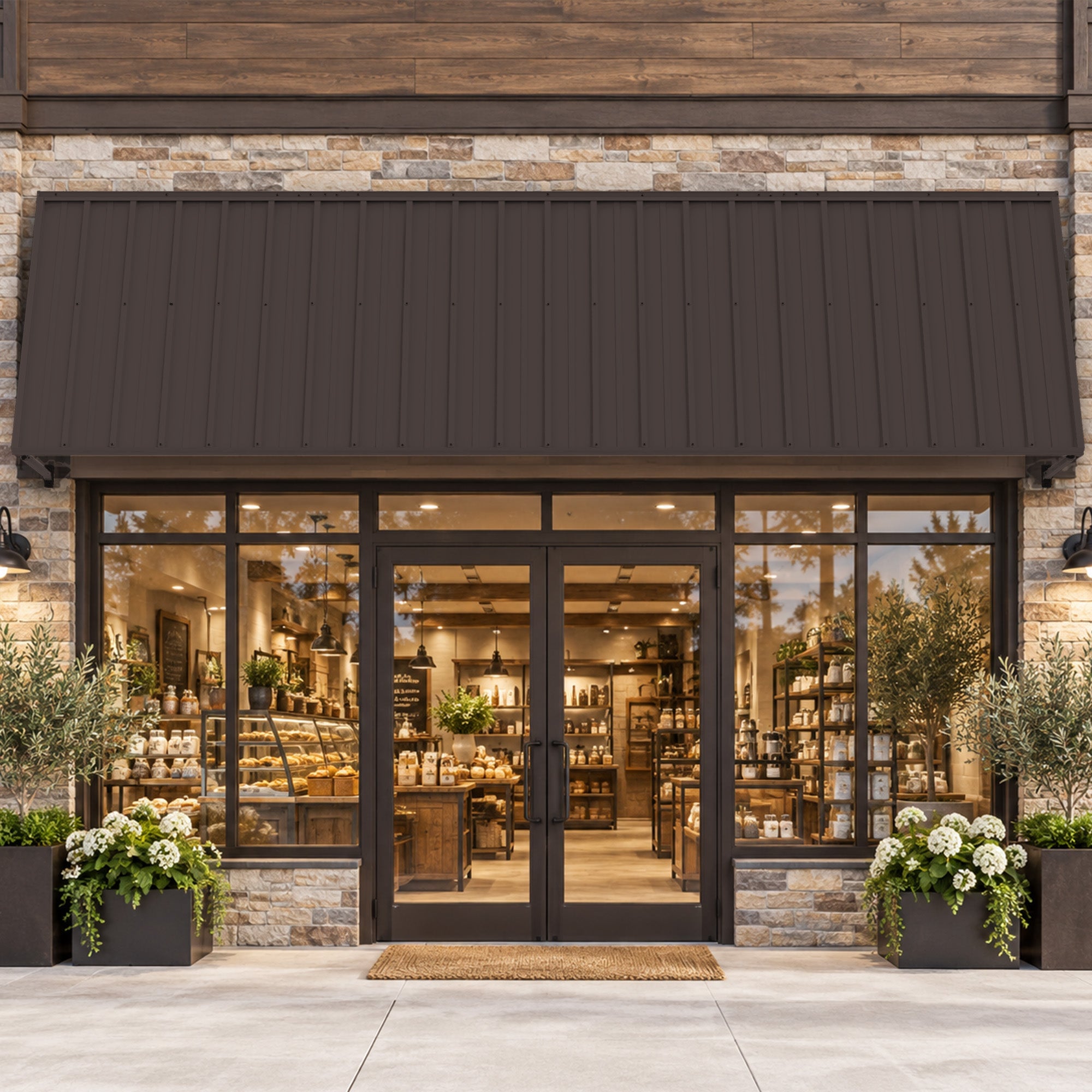 Modern storefront with dark metal frame windows and corrugated metal awning over entrance with planters