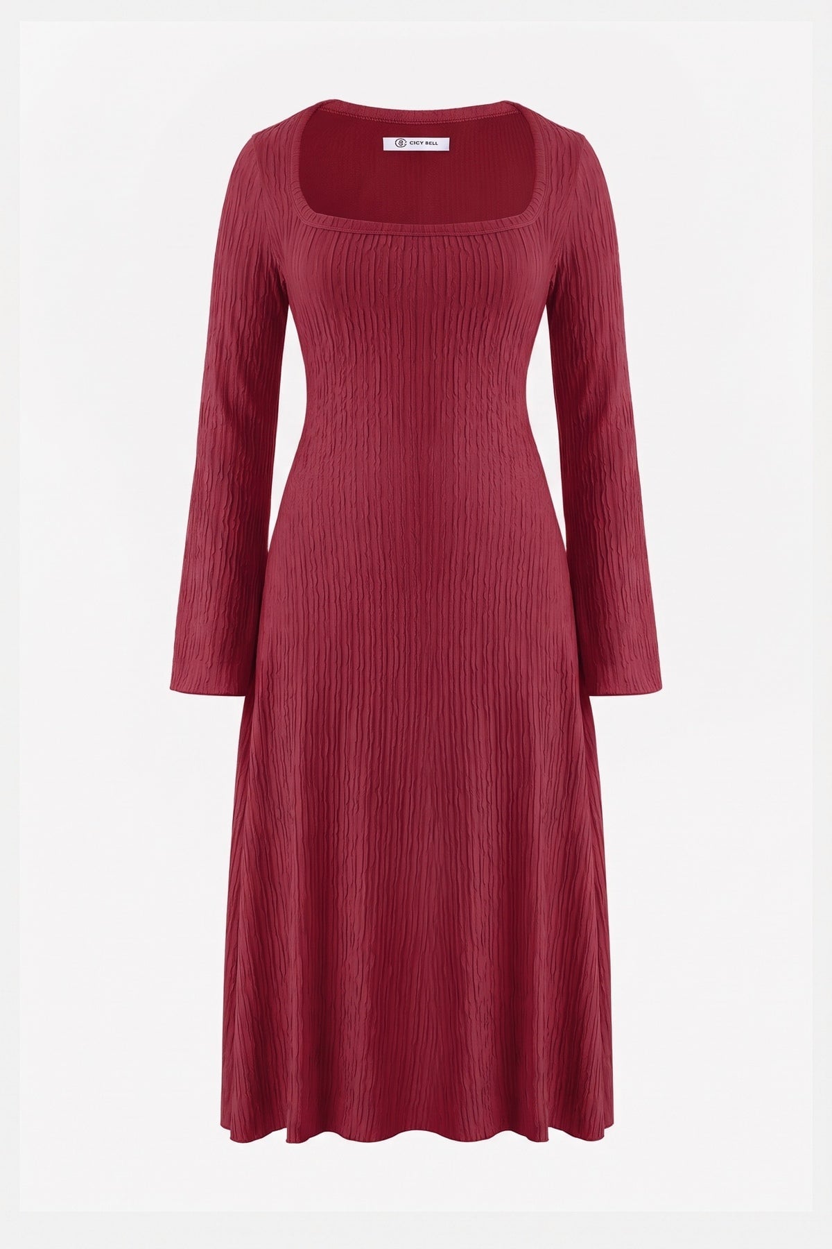 Burgundy ribbed long-sleeve midi dress with a square neckline