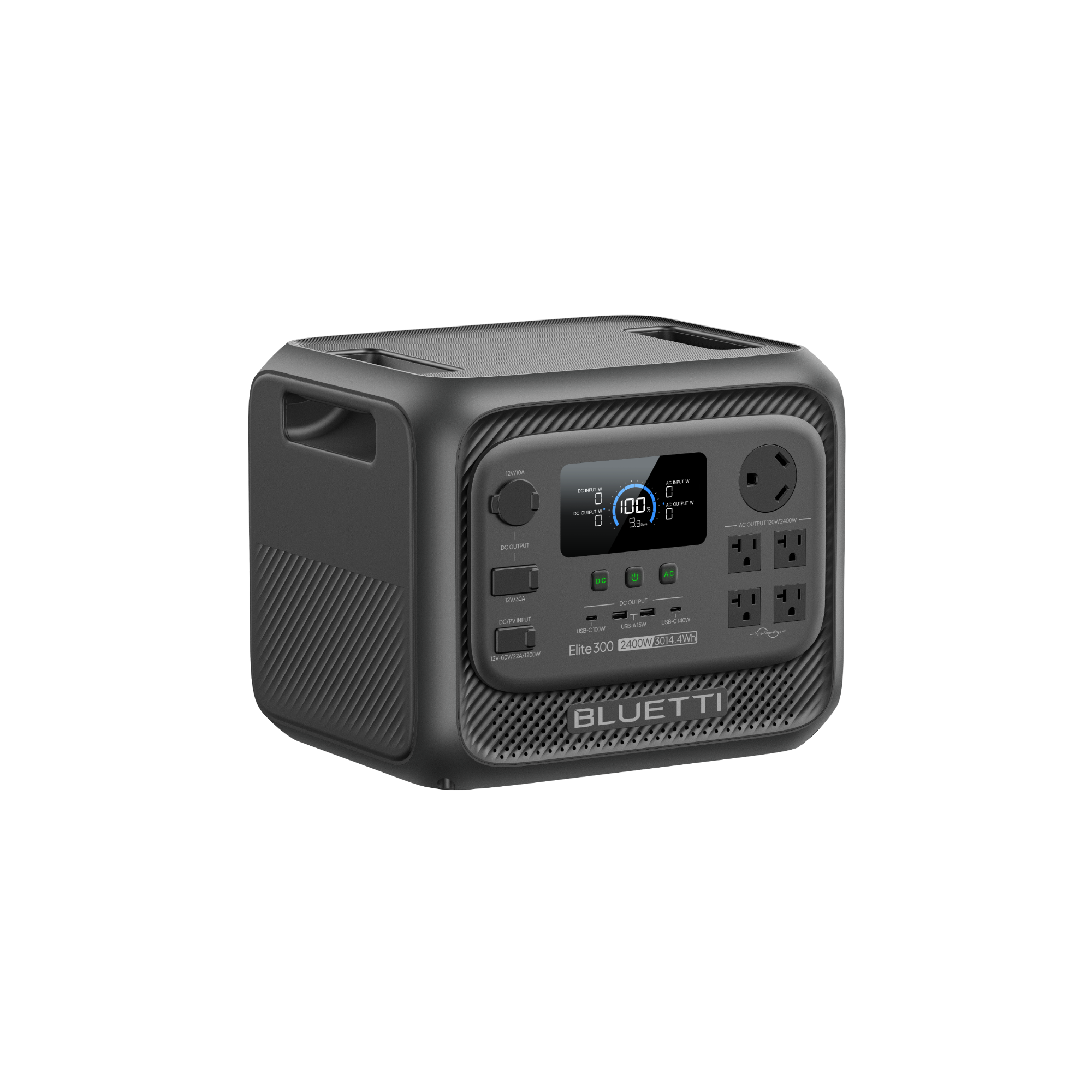 Compact dark gray portable power station with digital display and multiple AC/DC outlets