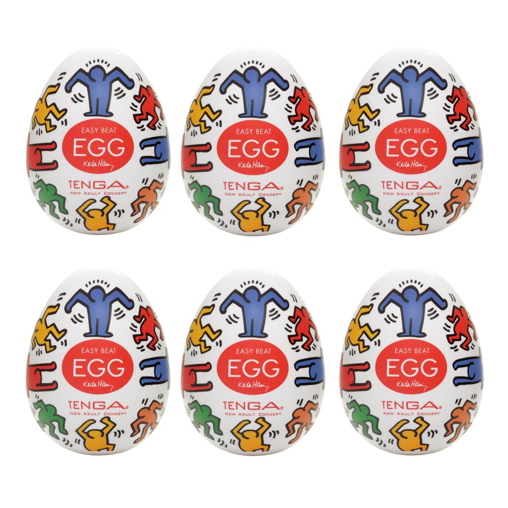 Six egg-shaped white masturbators with Keith Haring-inspired colorful dancing figures and red Easy Beat branding