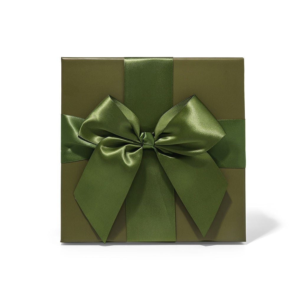 Olive-colored square gift box with green satin ribbon bow and decorative center band