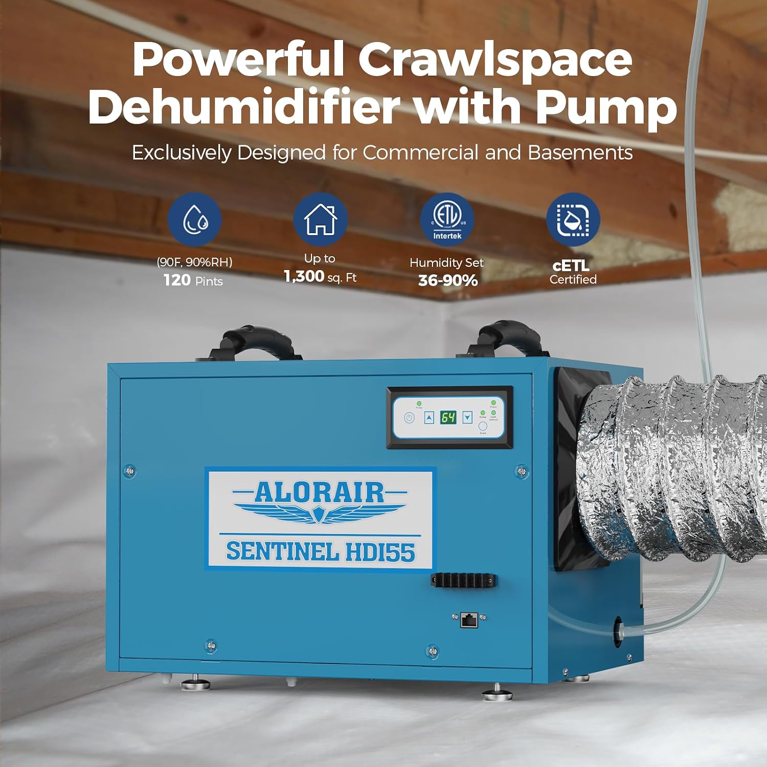 Crawl space dehumidifier with intake duct attached, connected flexible ductwork, installed in basement environment showcasing 120 pints capacity for up to 1,300 sq ft coverage