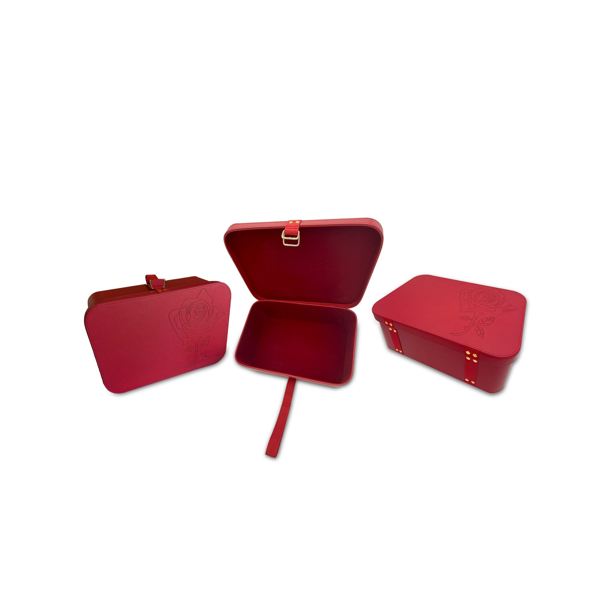 Three red padded storage cases with rose embossing and gold-tone clasps