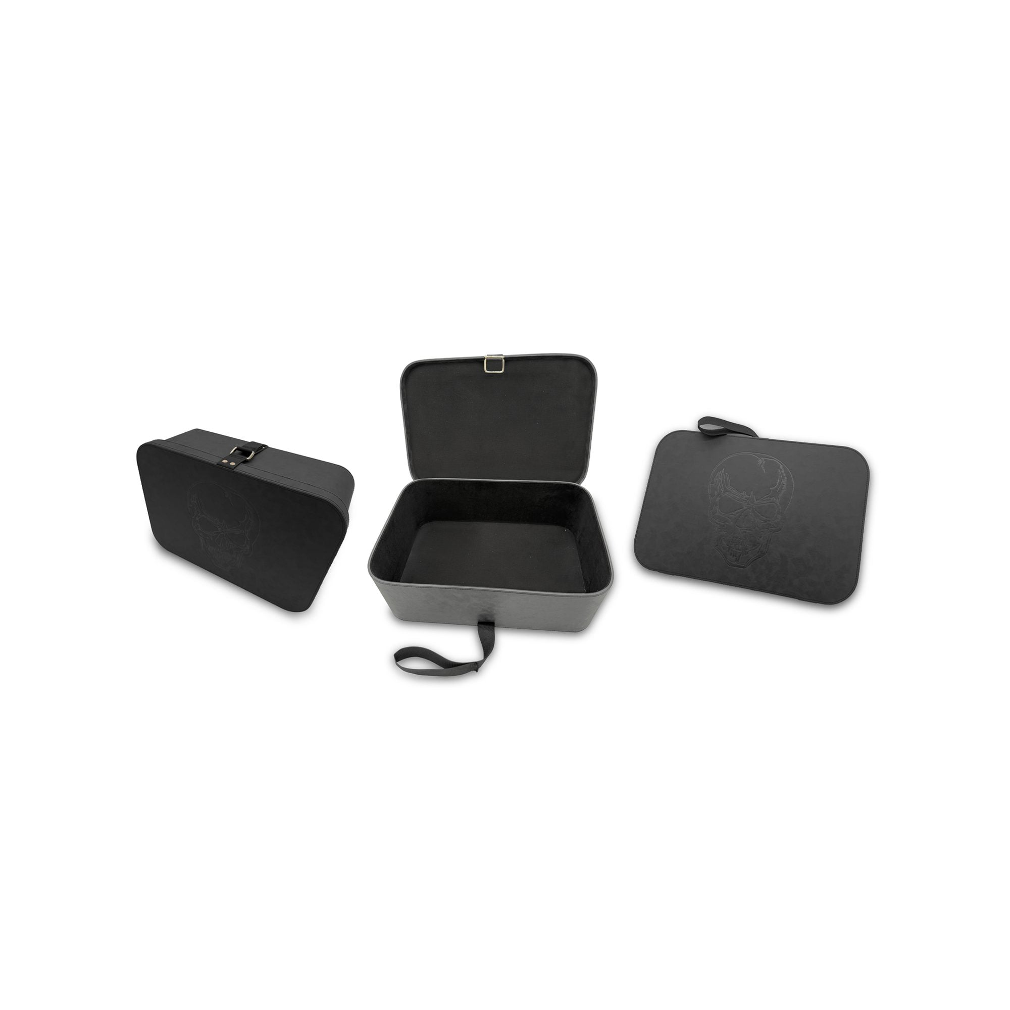 Three black storage cases displayed open and closed showing interior compartments and carrying handles