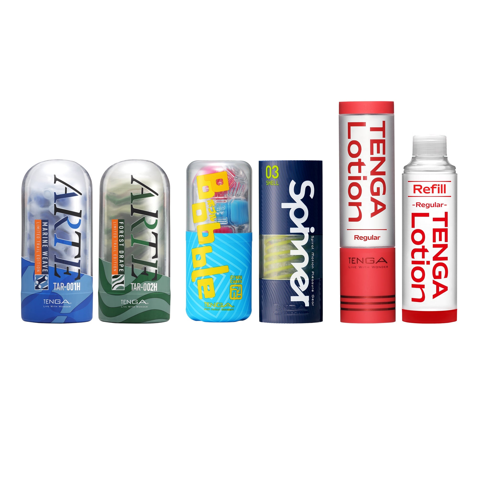 Six different product bottles and containers in various sizes and colors