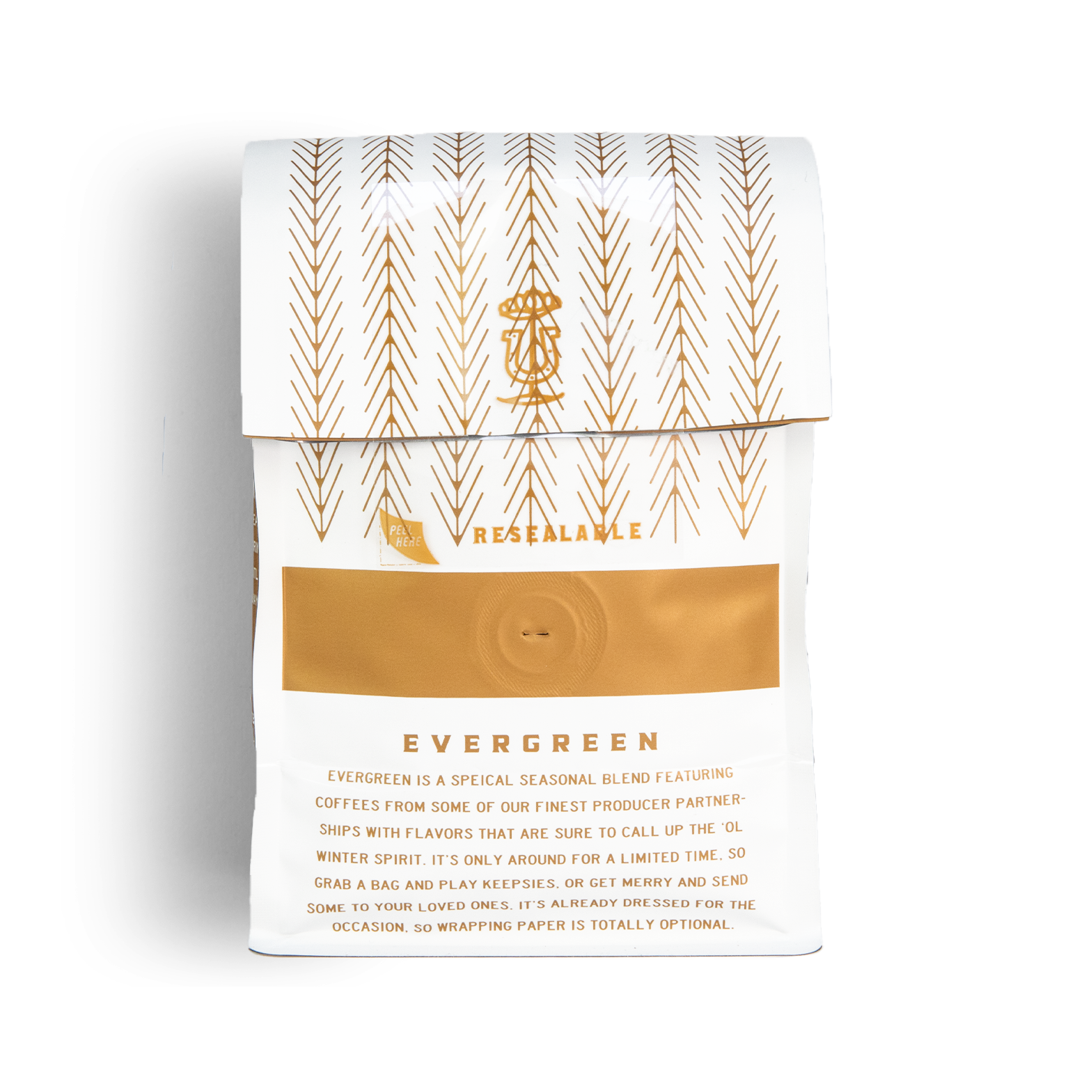 White resealable coffee bag with gold evergreen tree pattern and winter-themed description text