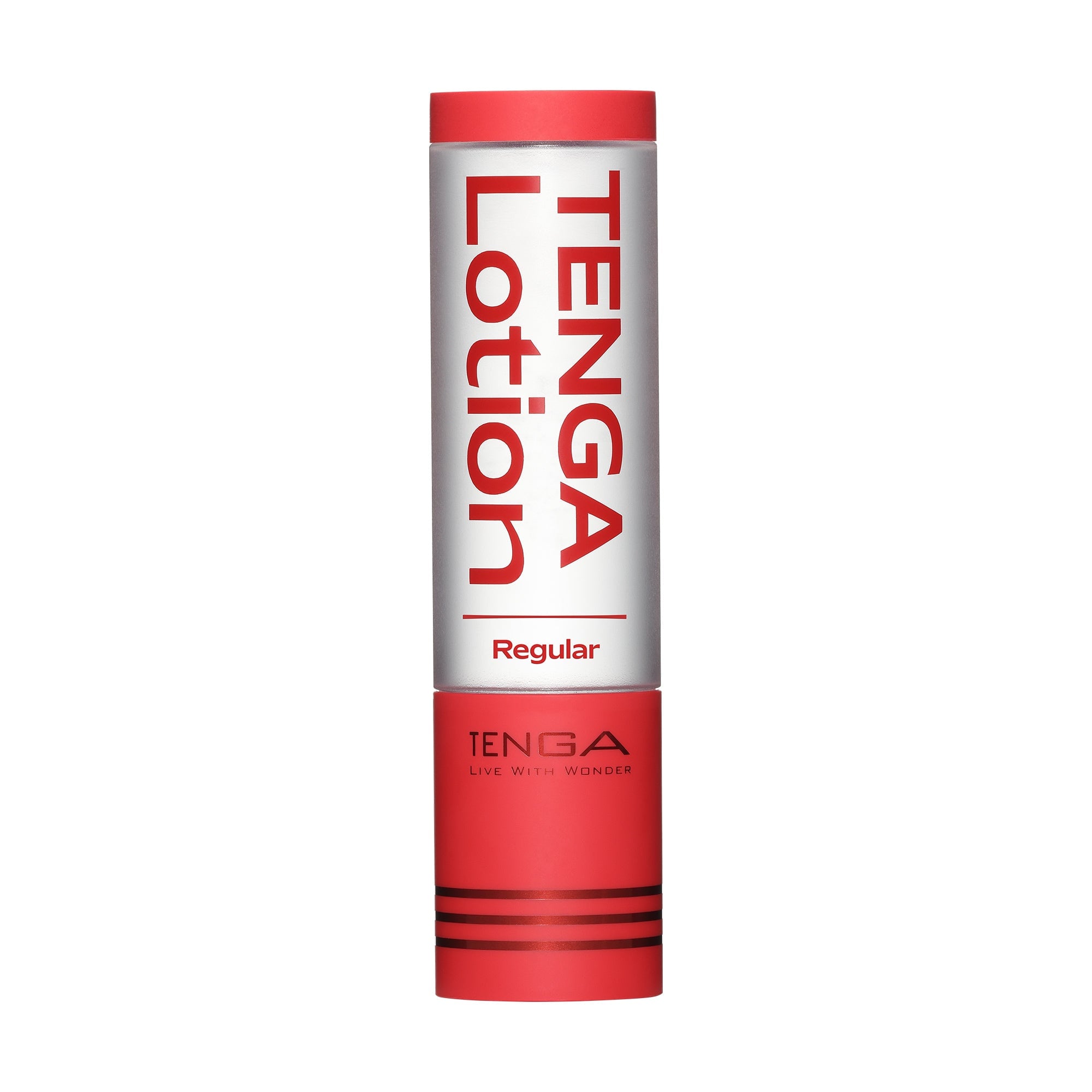 Red and white cylindrical container labeled "TENGA Hot Friction Regular" with red cap and branded base
