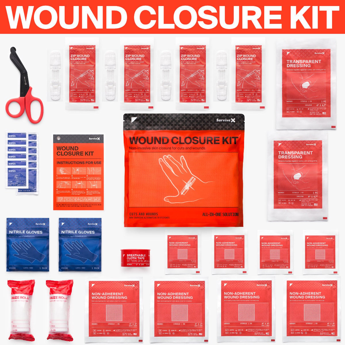 Comprehensive first aid kit contents laid out including scissors, gloves, gauze, wound closures, tape, wipes, and dressings