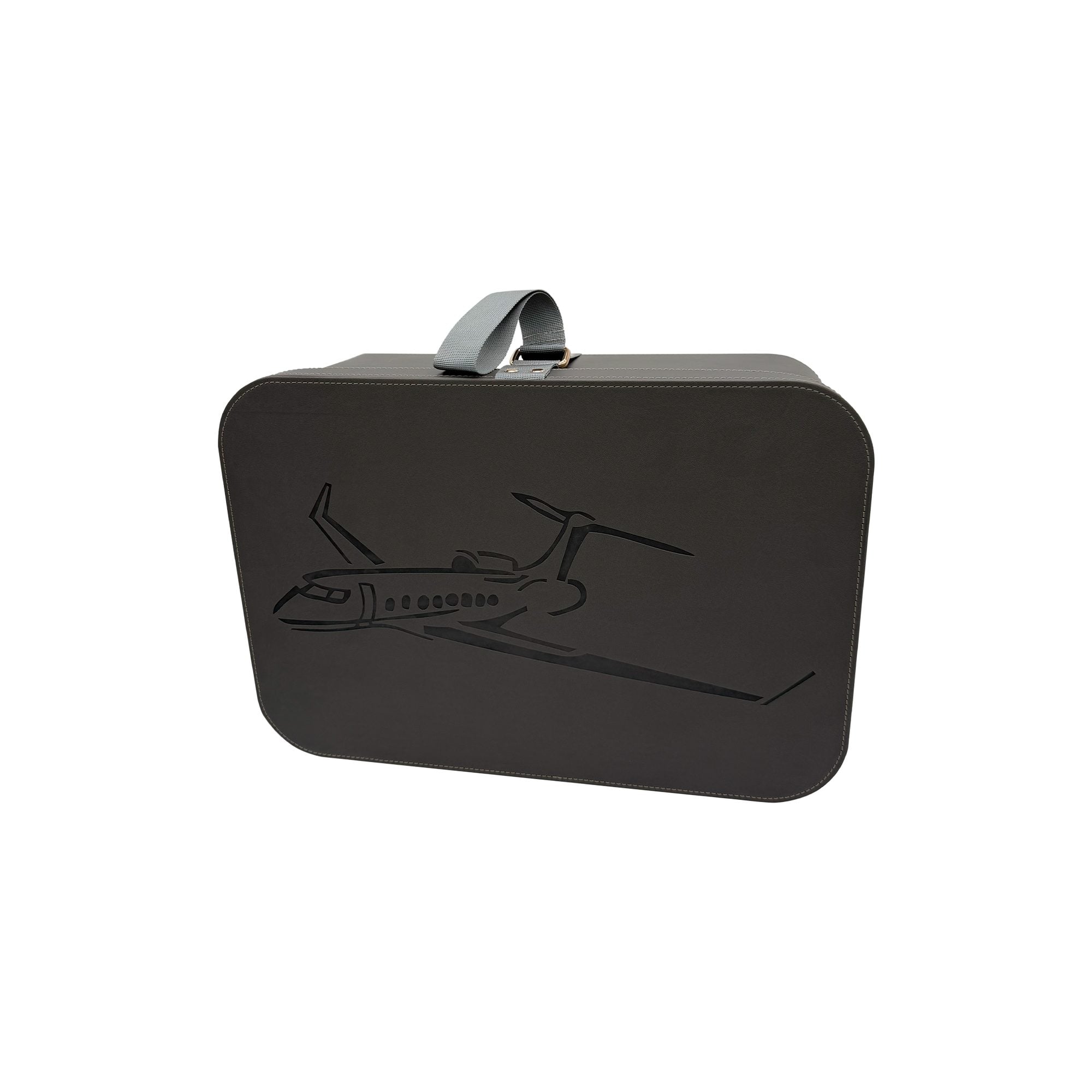 Dark gray rectangular carrying case with embossed aircraft design and gray fabric carrying handle