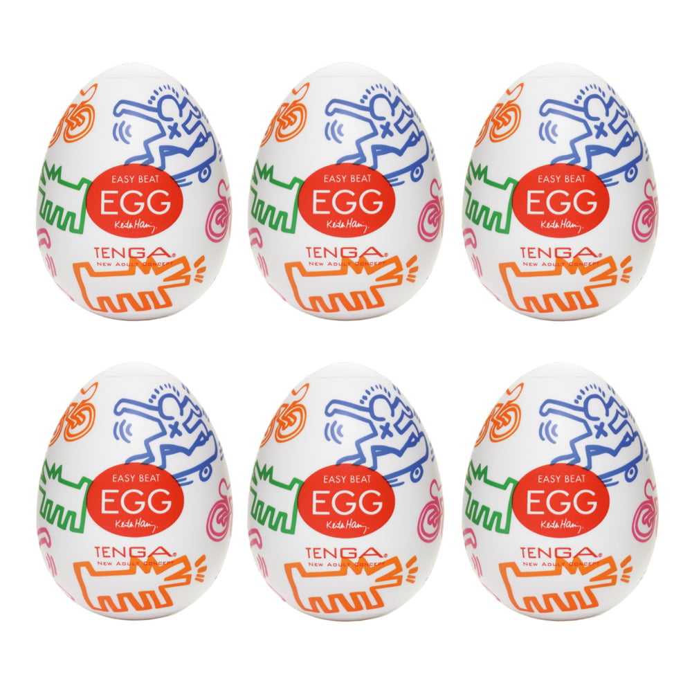 Six white egg-shaped products with colorful abstract line art designs and red center labels