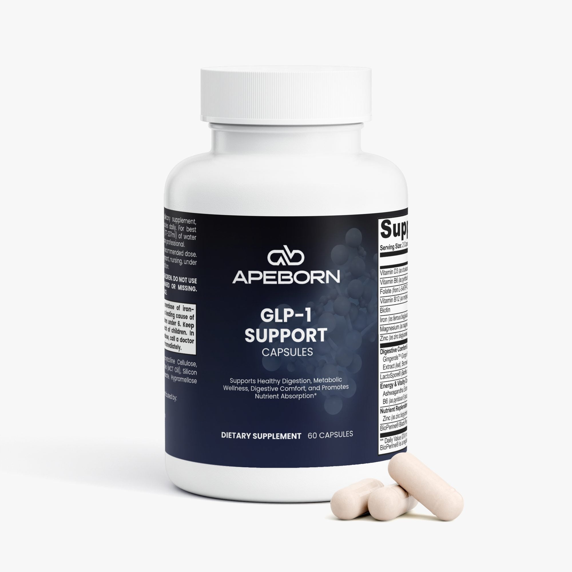 White bottle with black label containing white capsules for GLP-1 Support dietary supplement