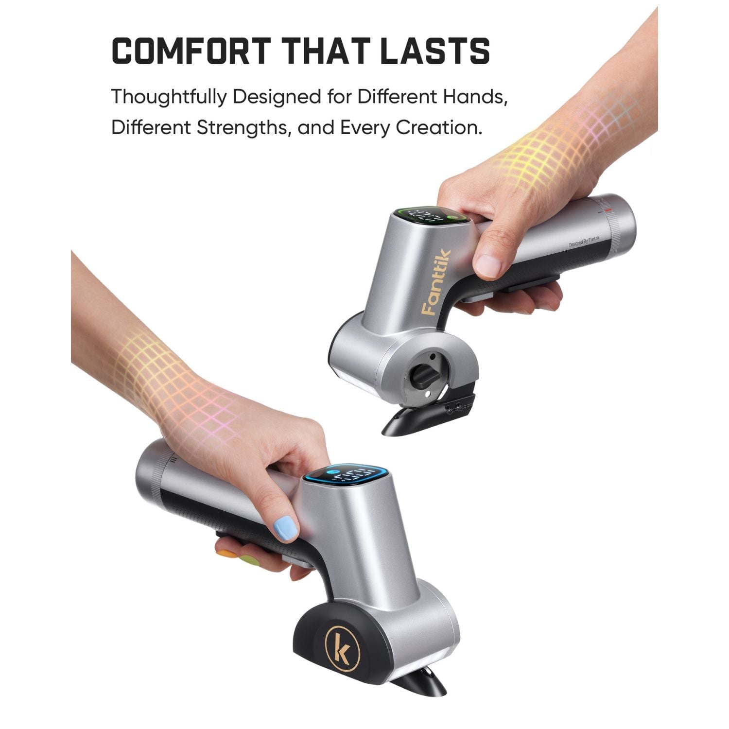 Two hands holding cordless rotary tool showing ergonomic grip design with textured grip pattern overlay