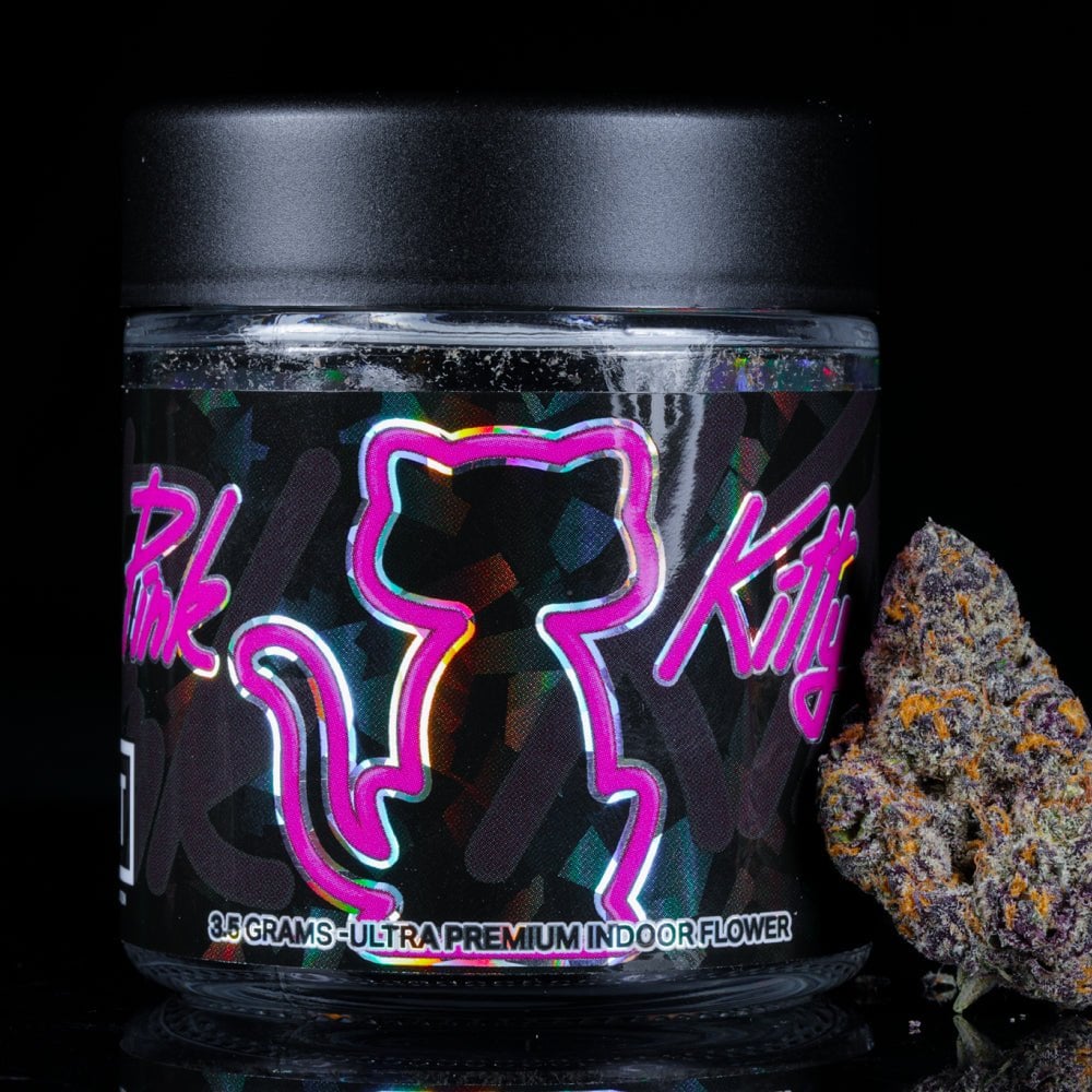 Glass jar with neon pink cat logo labeled "Ultra Premium Indoor Flower" next to cannabis bud sample