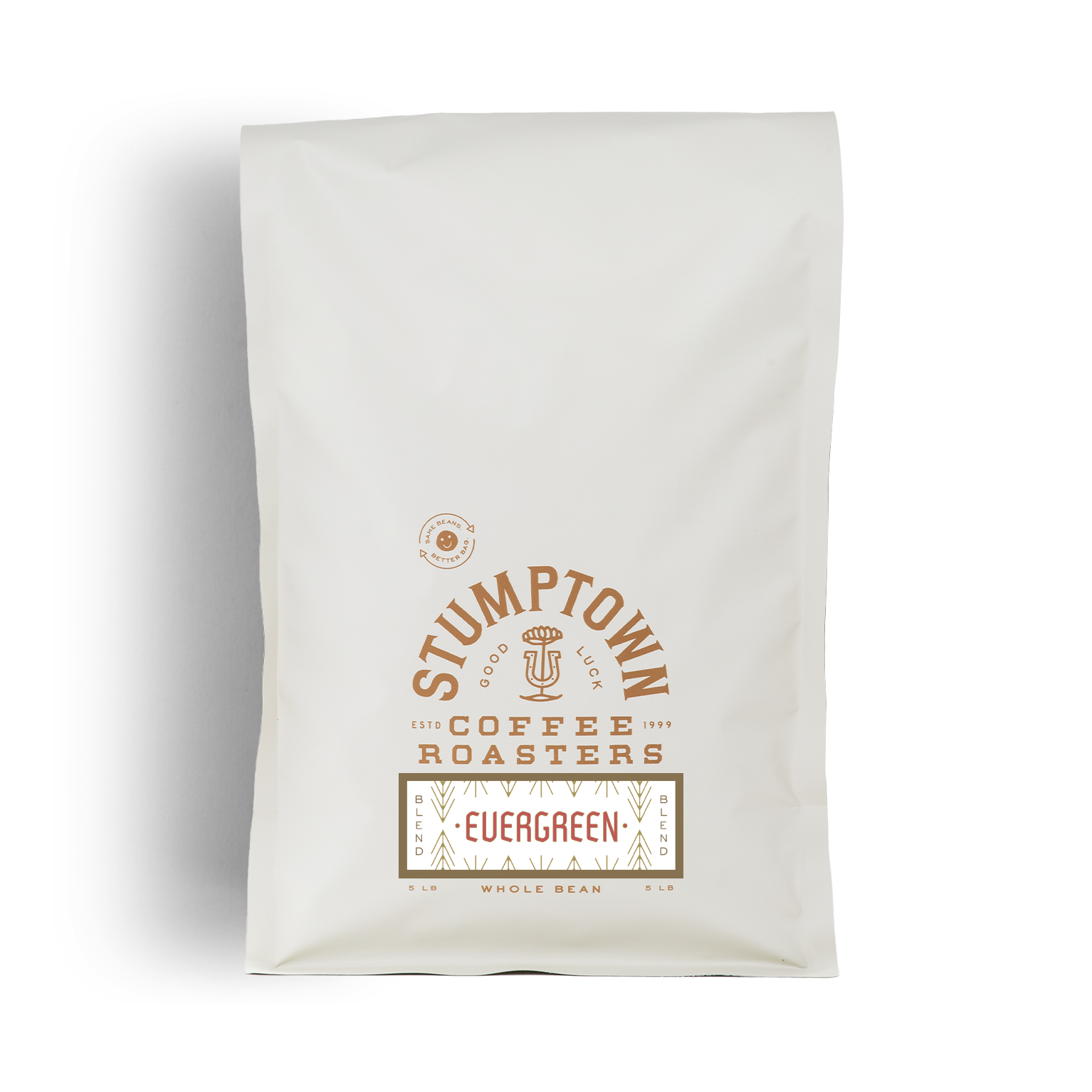 Large white whole bean coffee bag with Stumptown Coffee Roasters logo and Evergreen blend label
