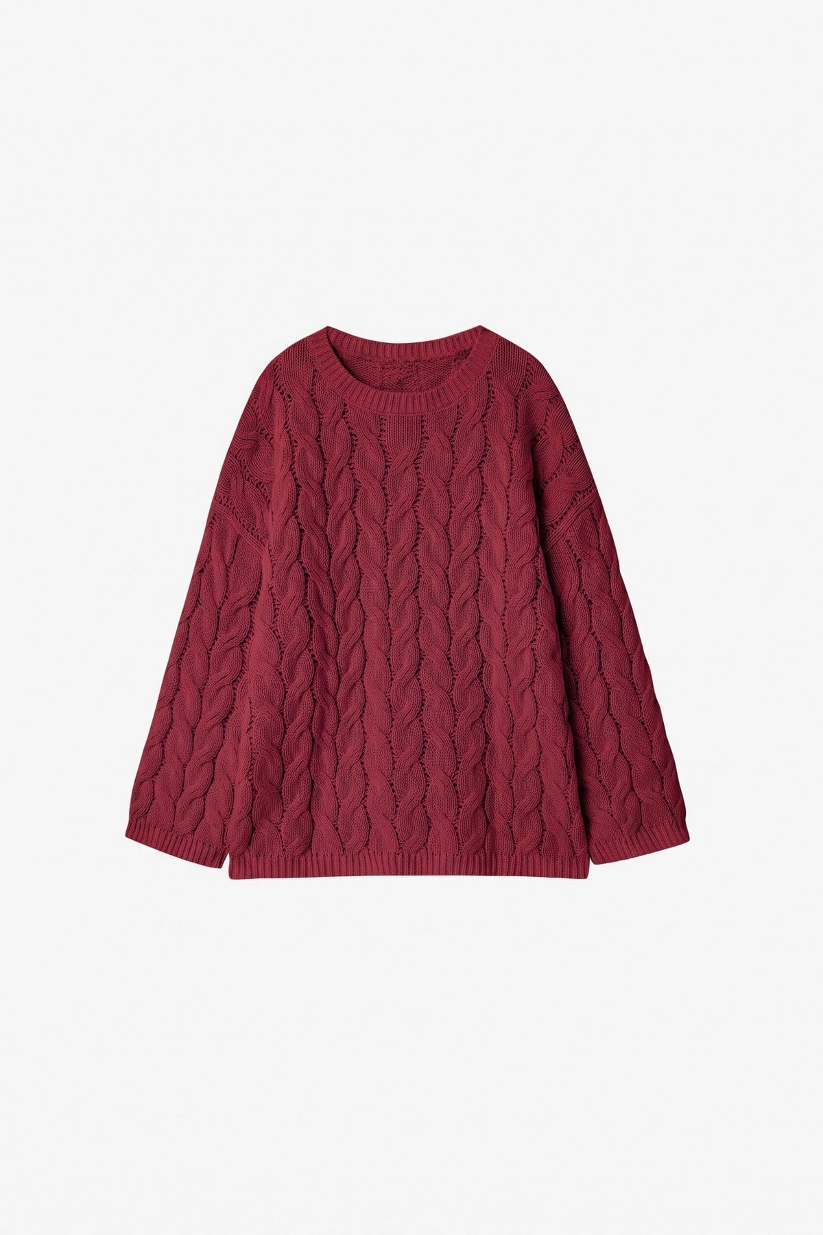 Burgundy cable-knit crew neck sweater with long sleeves