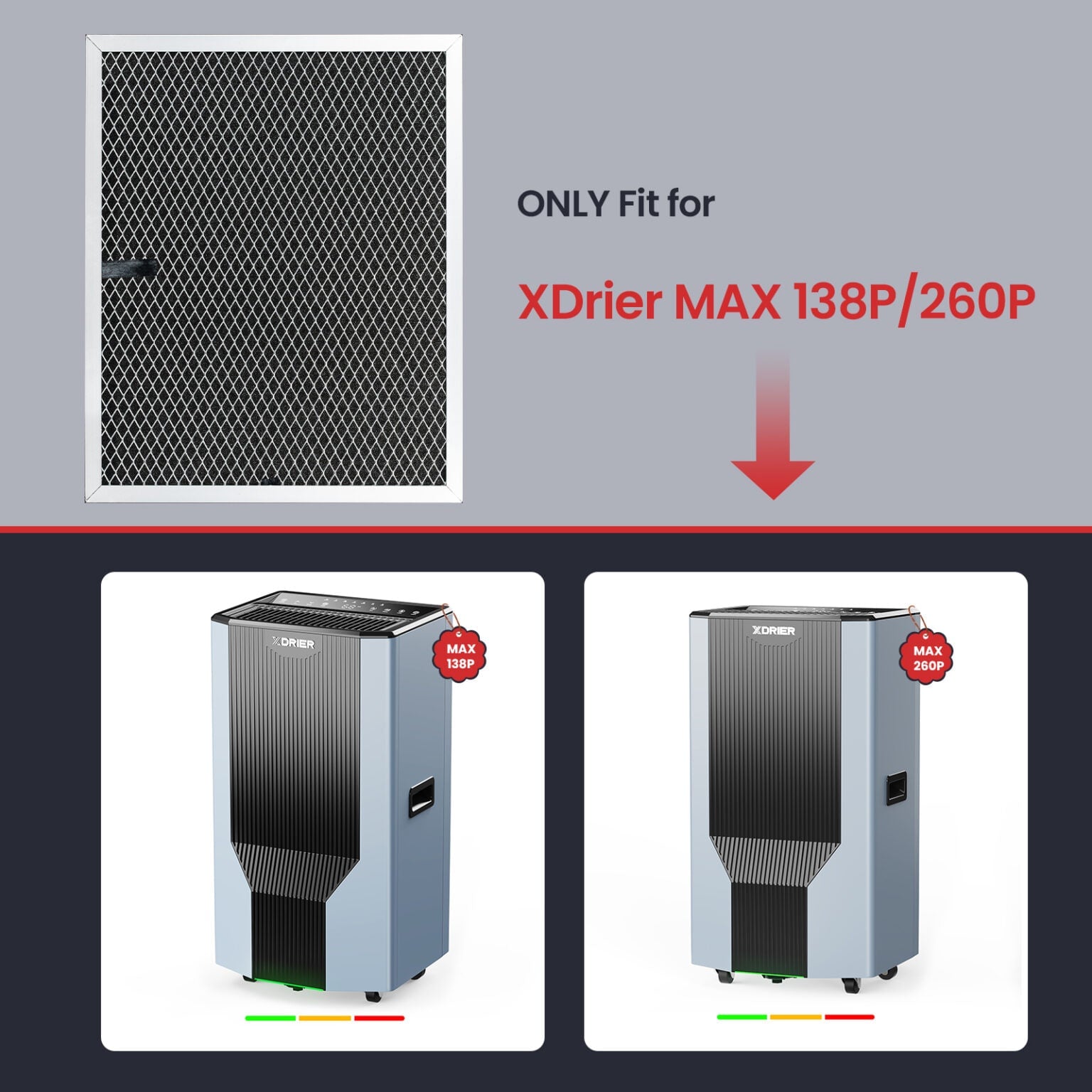 Replacement filter product compatibility chart showing it fits XDrier MAX 138P and 260P dehumidifier models