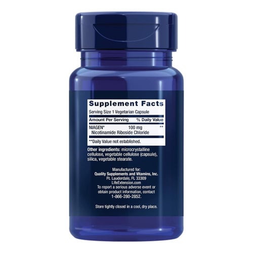 Blue bottle of nicotinamide riboside chloride supplement with white label and dark cap