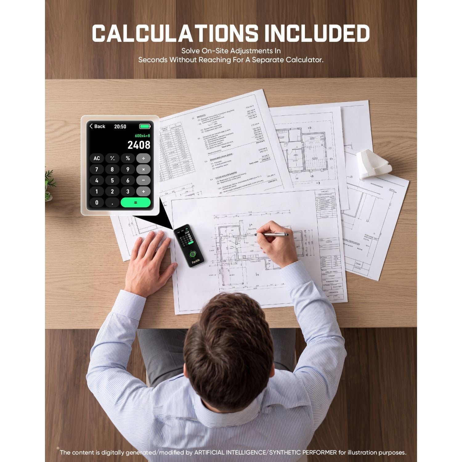 Overhead view of architect working on building plans with a digital measuring tool displaying calculations on the desk