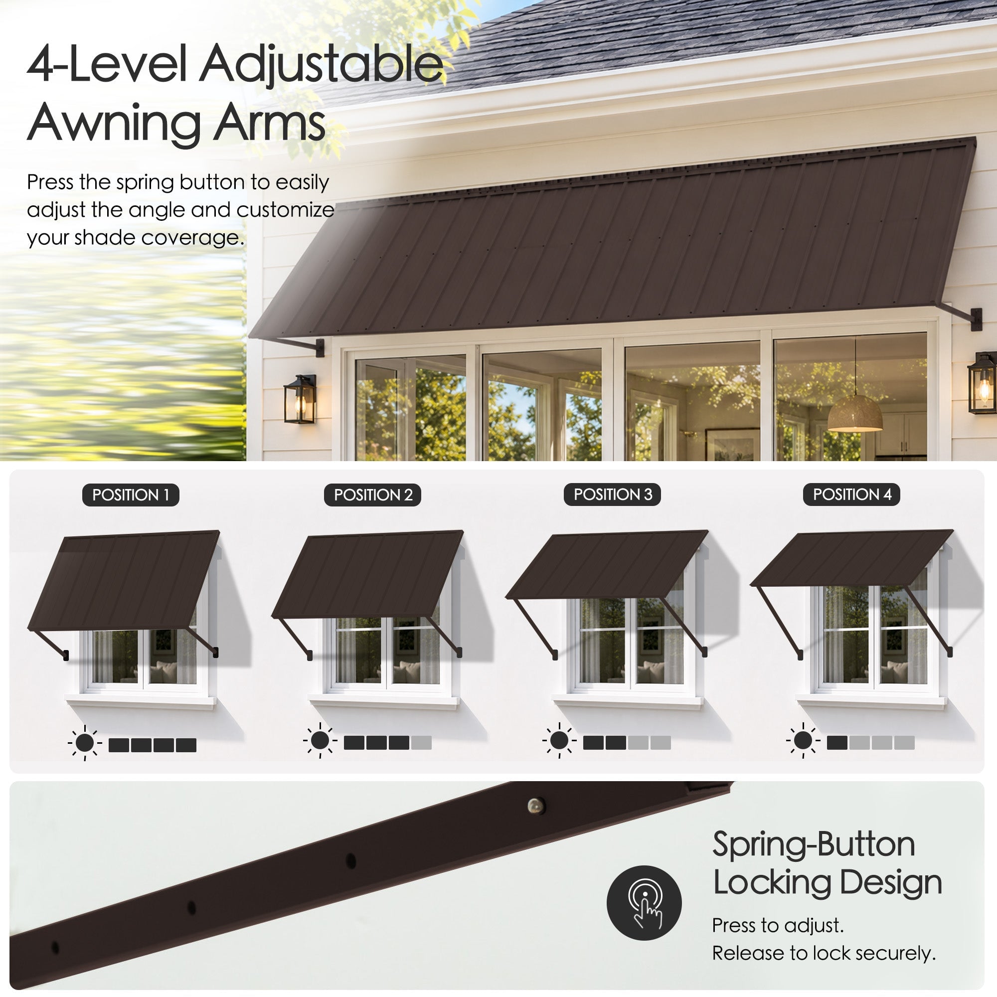 Adjustable awning in four positions demonstrating retractable angles from fully extended to partially retracted with sun coverage indicators