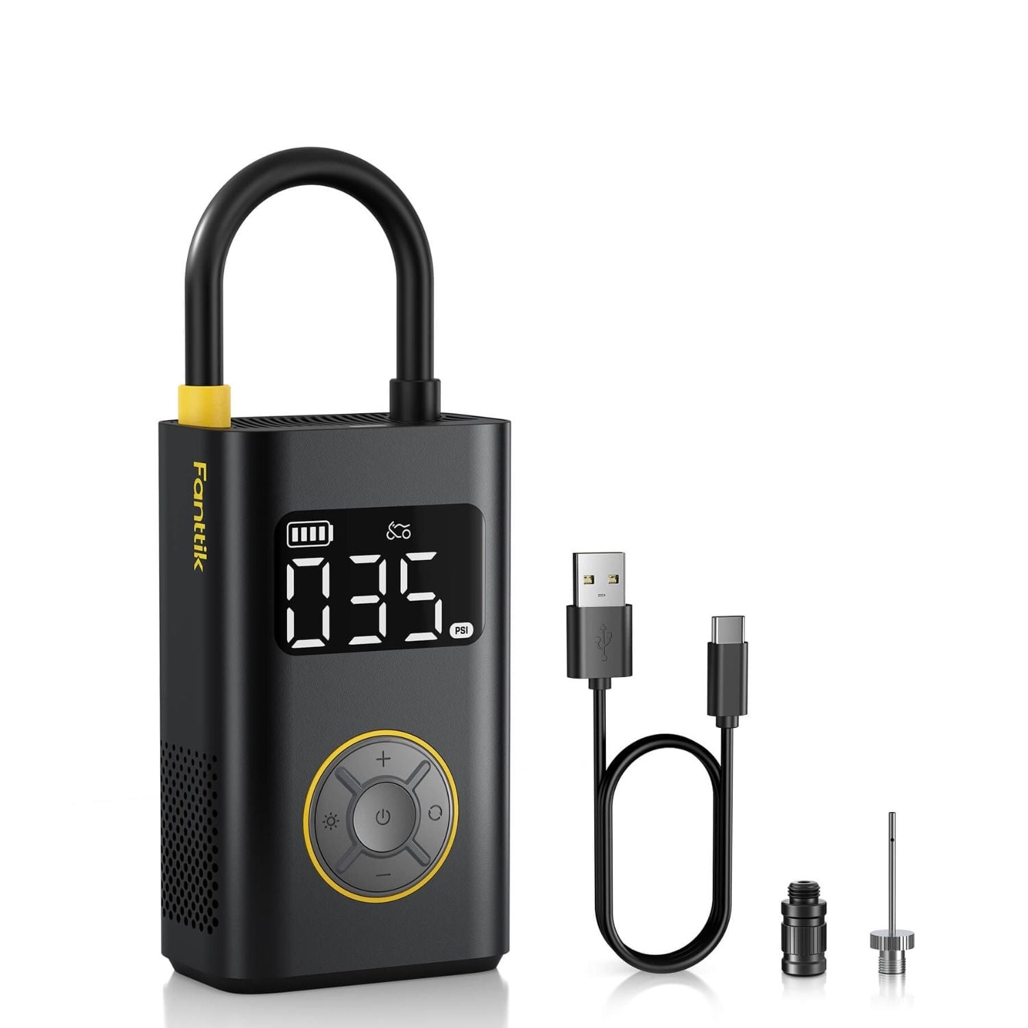 Black smart air pump with U-shaped handle, digital display showing 025 PSI, USB charging cable, and two metal nozzle attachments