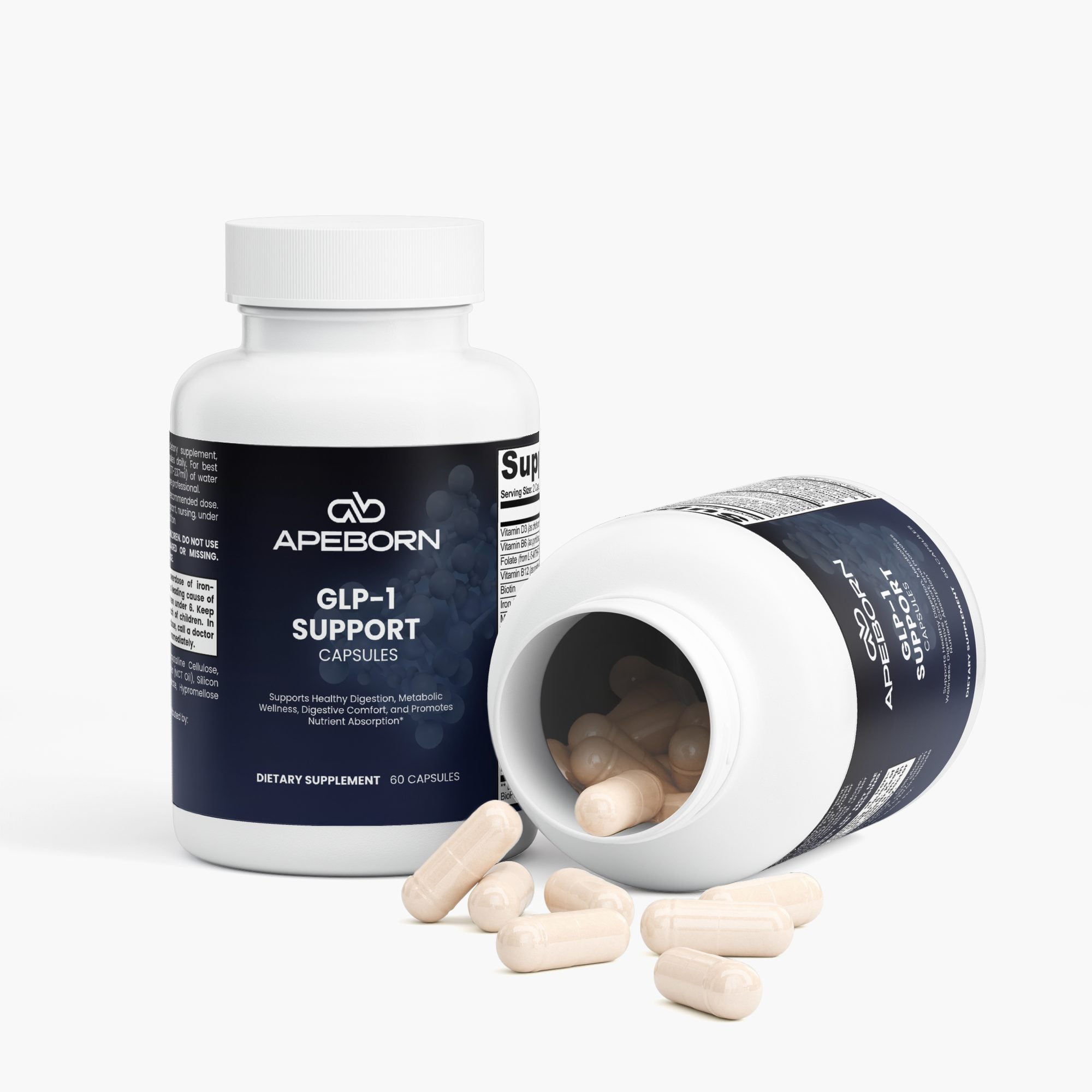 Open container of GLP-1 Support capsules with loose white pills scattered in front