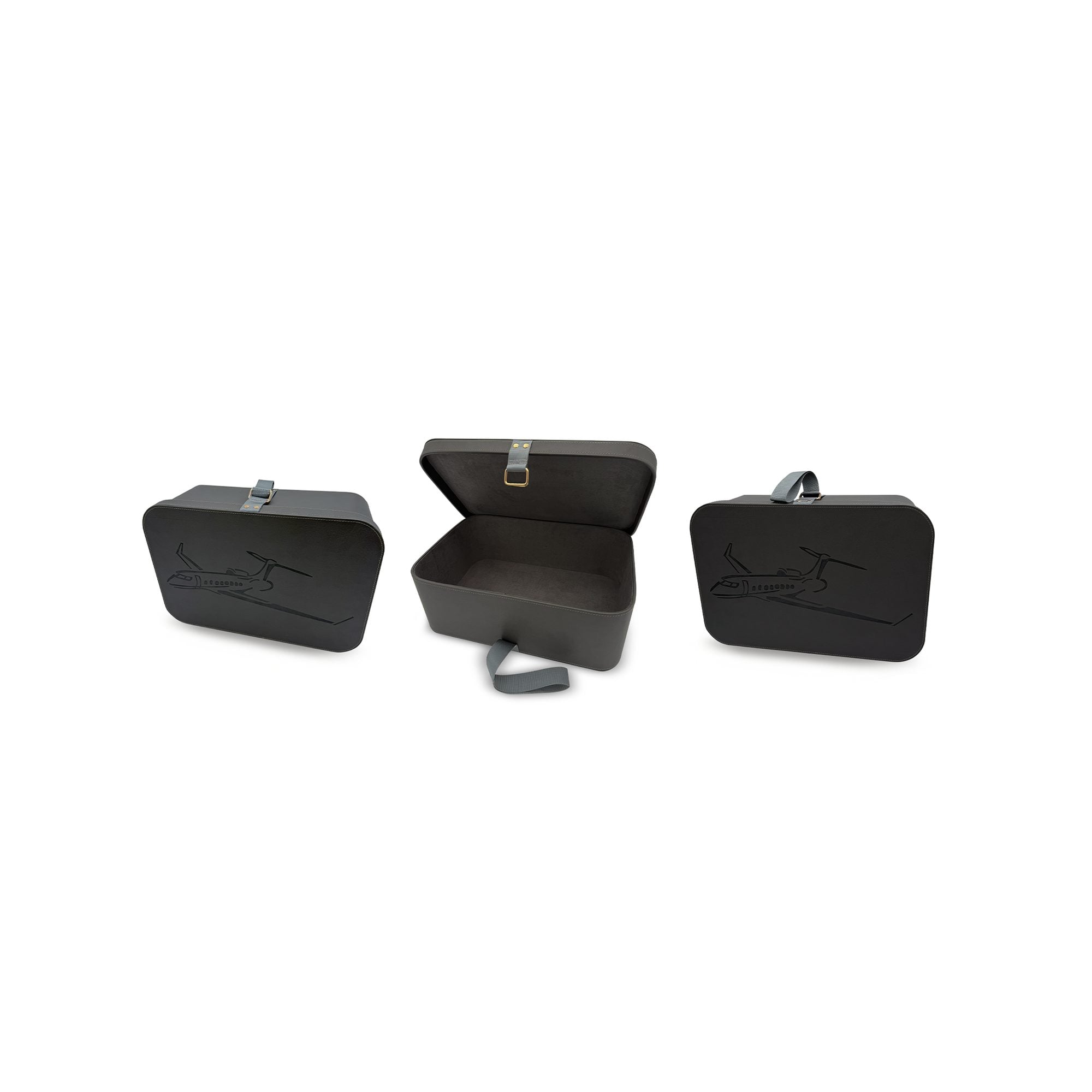 Three black padded storage cases with airplane design and gray handles