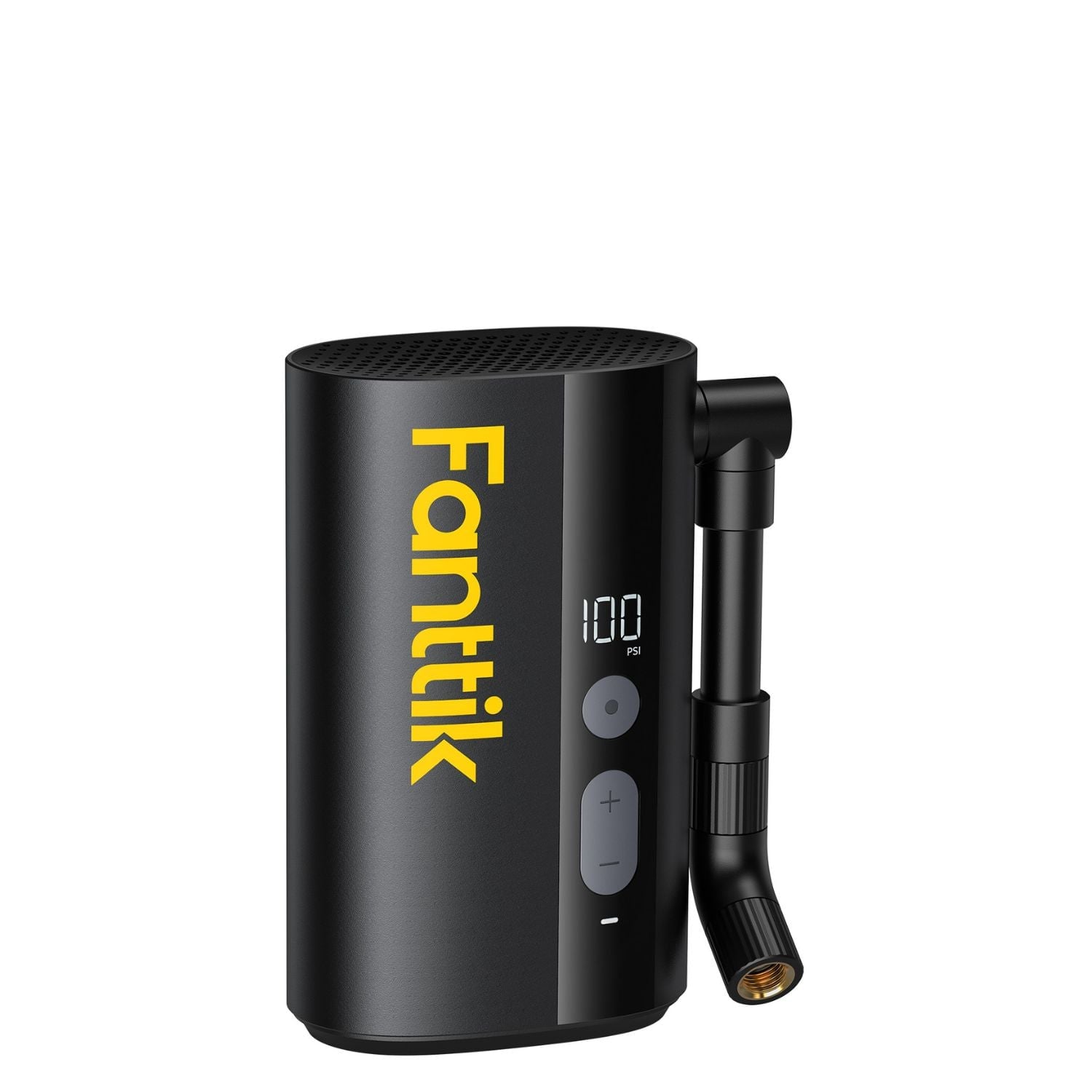 Black cylindrical digital tire pump with yellow Fanttik logo and pressure gauge display showing 100 PSI