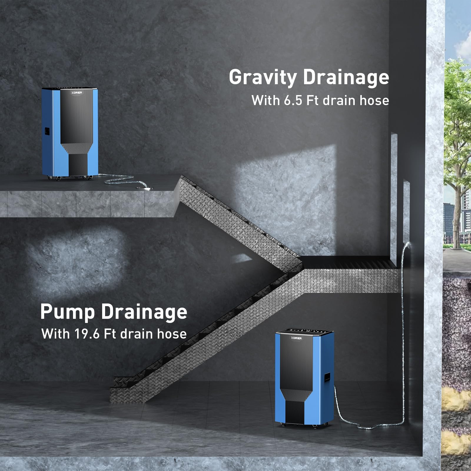 Diagram showing gravity drainage with 6.5 ft hose from upper unit and pump drainage with 19.6 ft hose from lower unit in basement