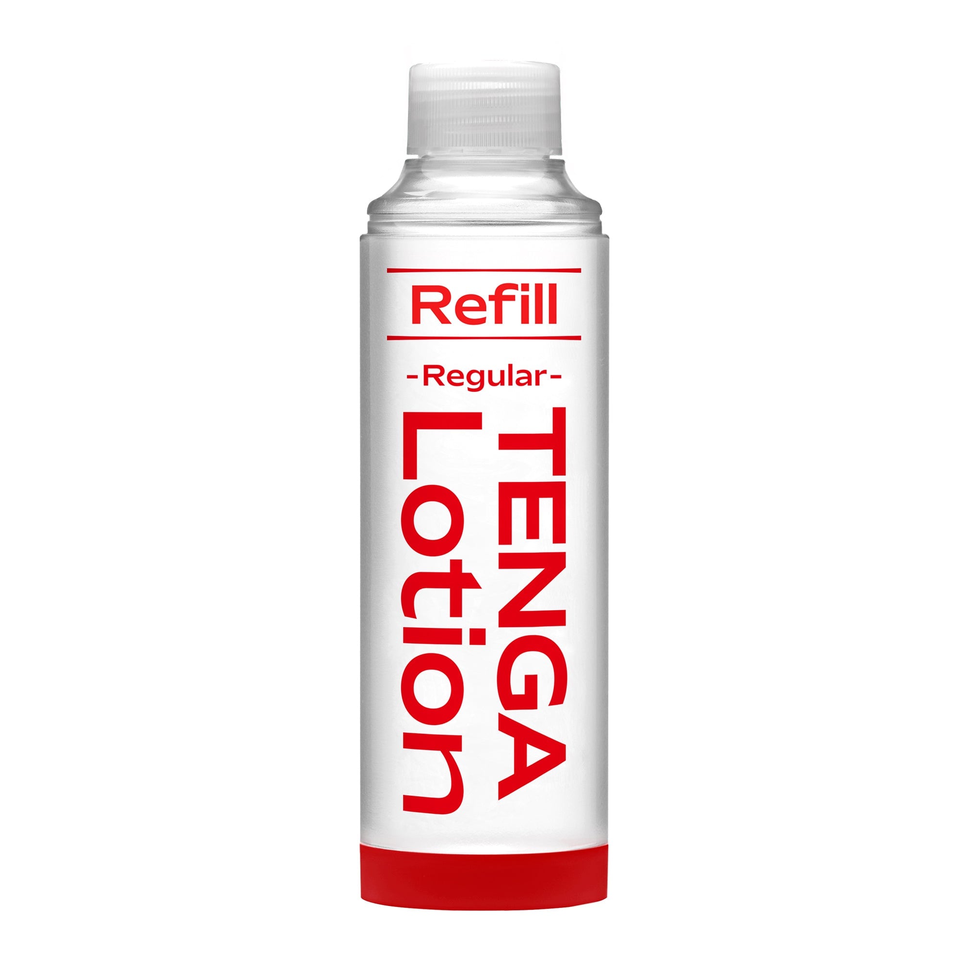 Clear bottle with white cap labeled "Refill -Regular- TENGA Hot Friction" in red text