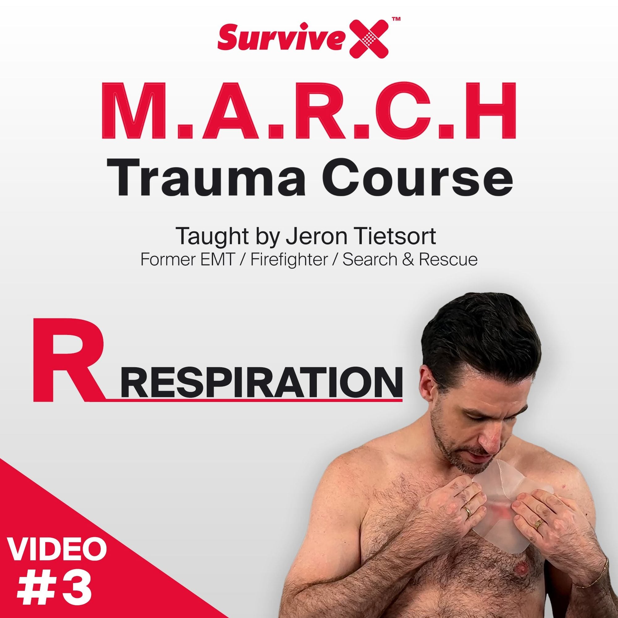 M.A.R.C.H Trauma Course depicting respiration check with shirtless patient demonstrating chest assessment for breathing