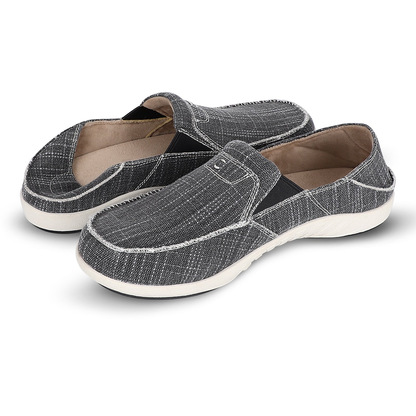 Pair of gray textured slip-on loafers shown together at a three-quarter angle displaying both shoes