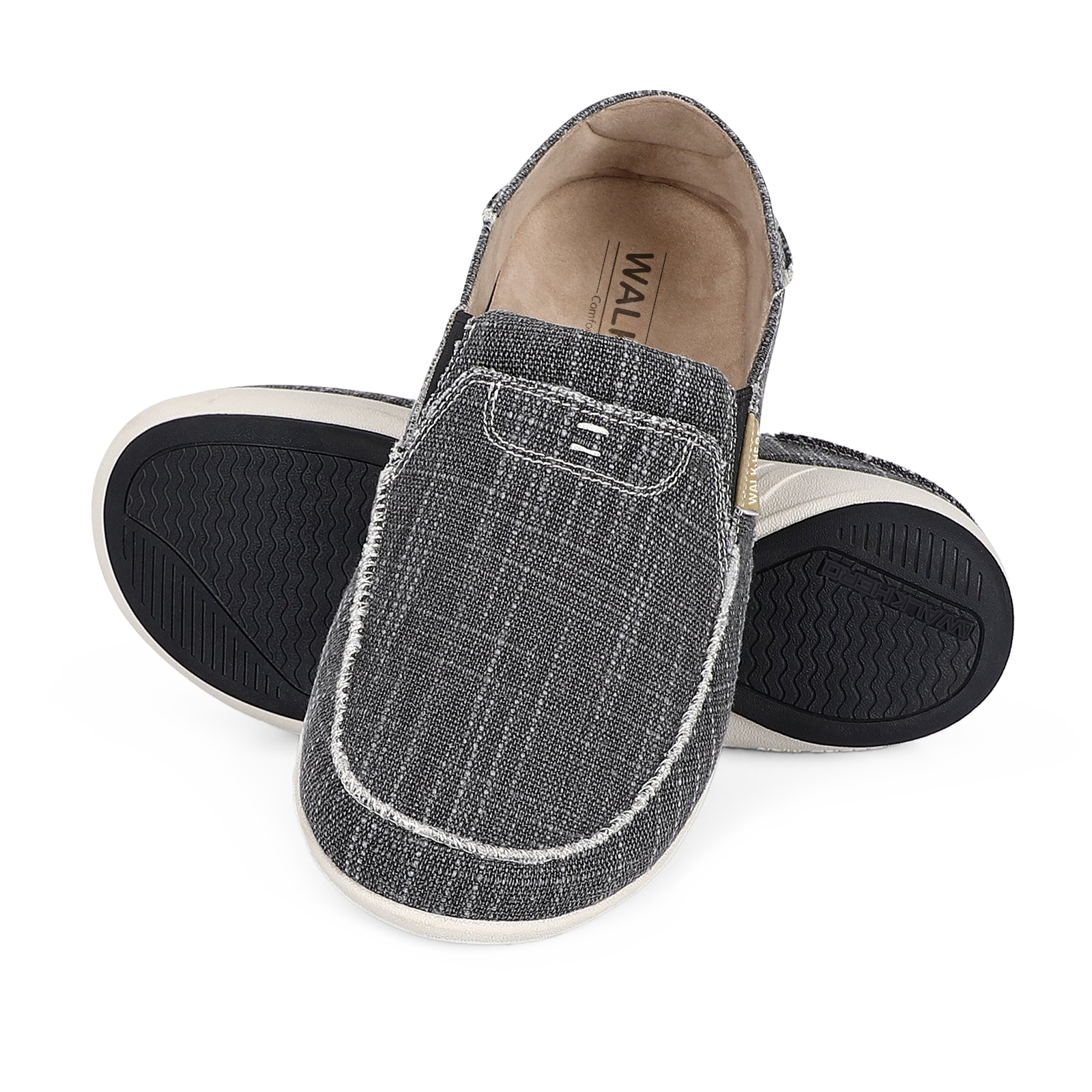Gray textured slip-on loafer shoe shown from multiple angles displaying the sole, interior, and exterior views
