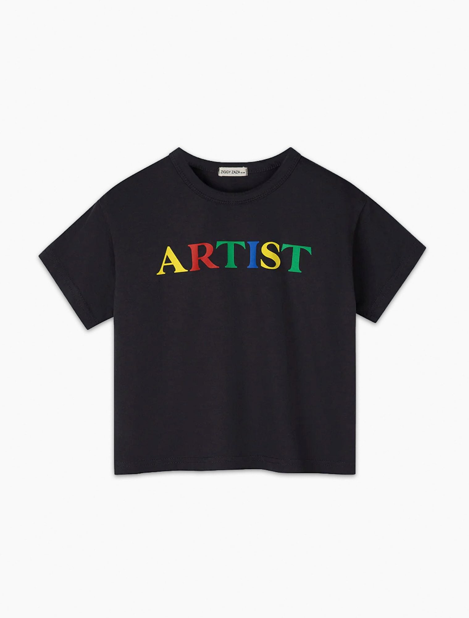 Black t-shirt for children with colorful rainbow letters spelling ARTIST across the chest