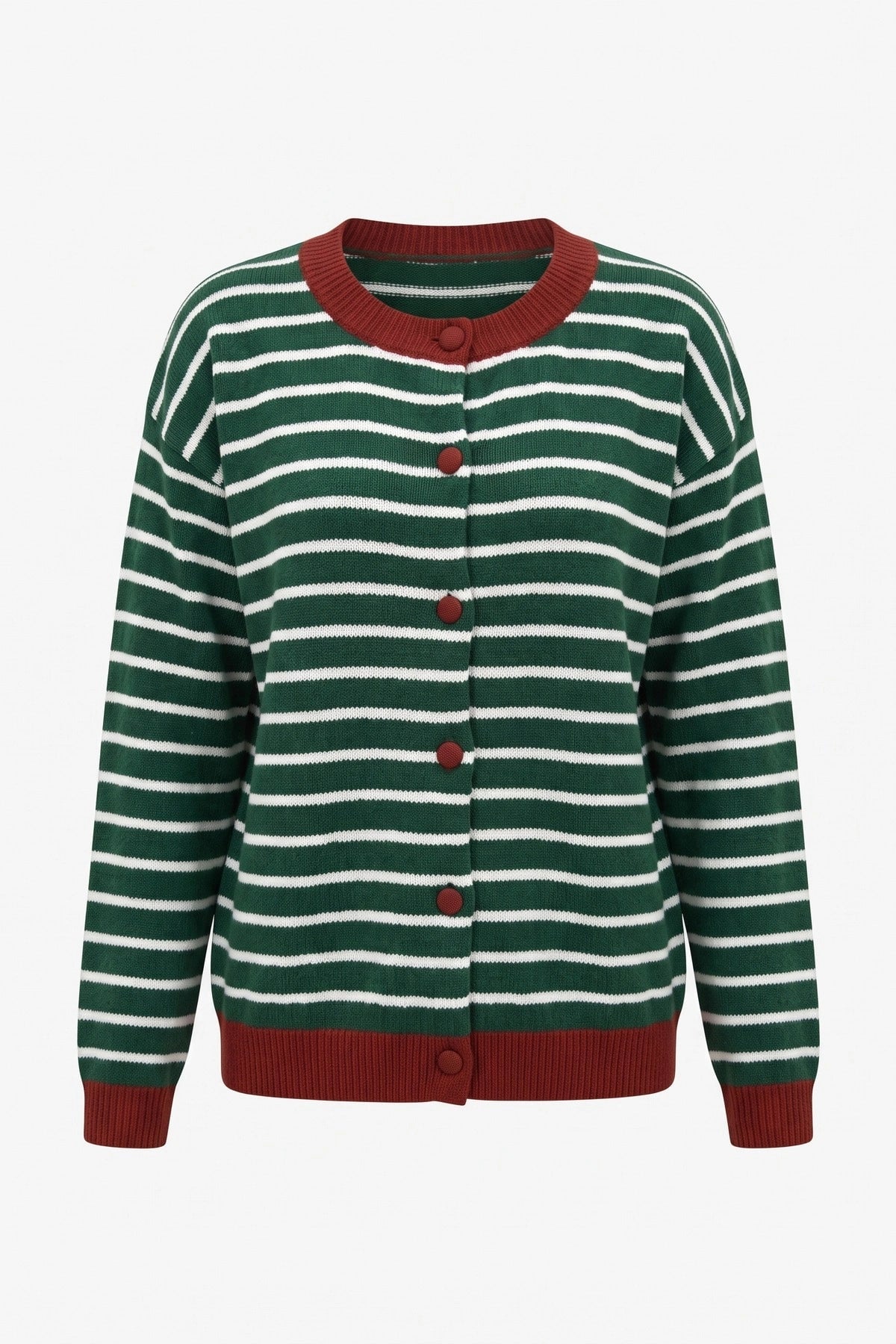 Green and white striped cardigan with burgundy trim and buttons