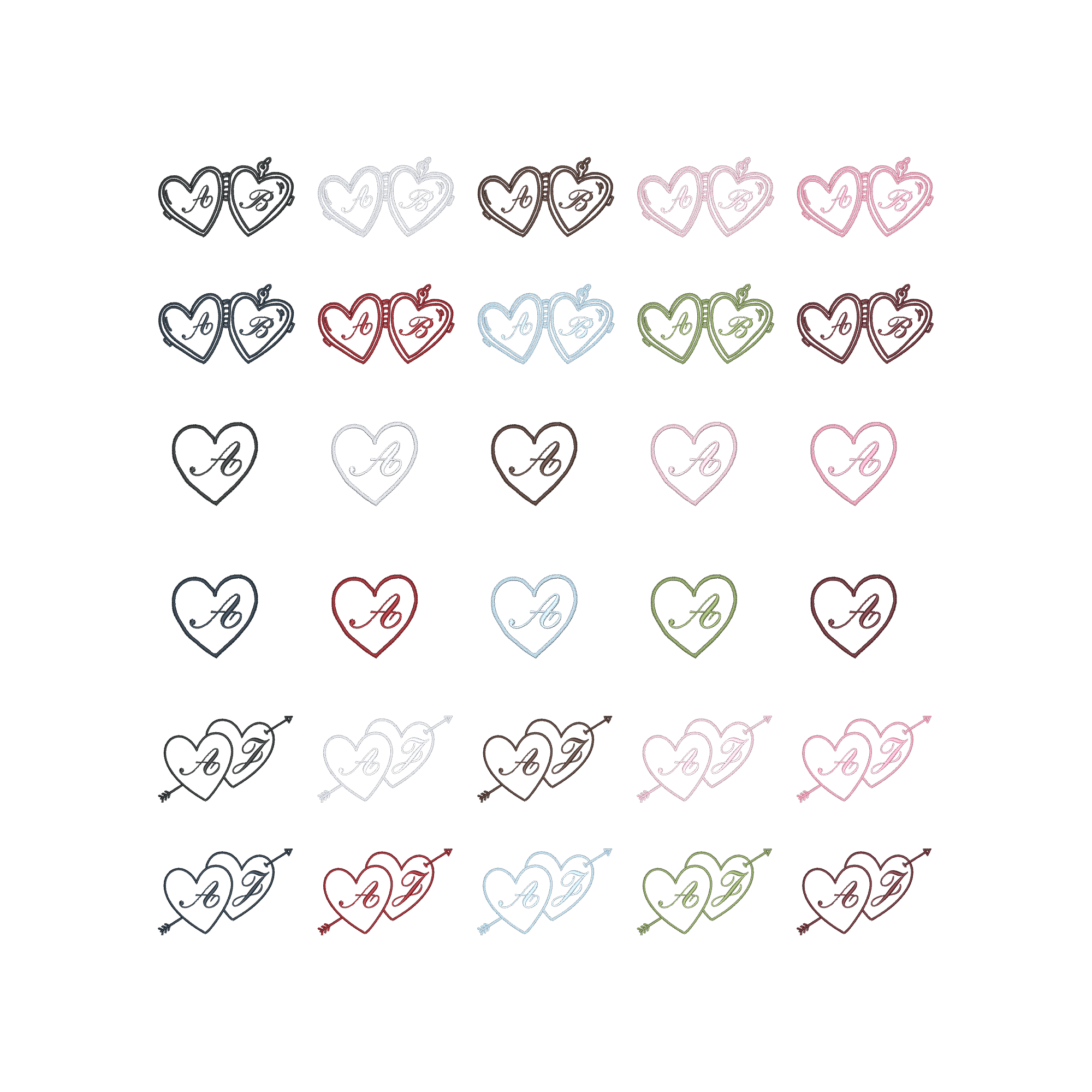 Color palette showing various embroidery designs including double hearts, single hearts, and arrow-pierced hearts in multiple thread colors