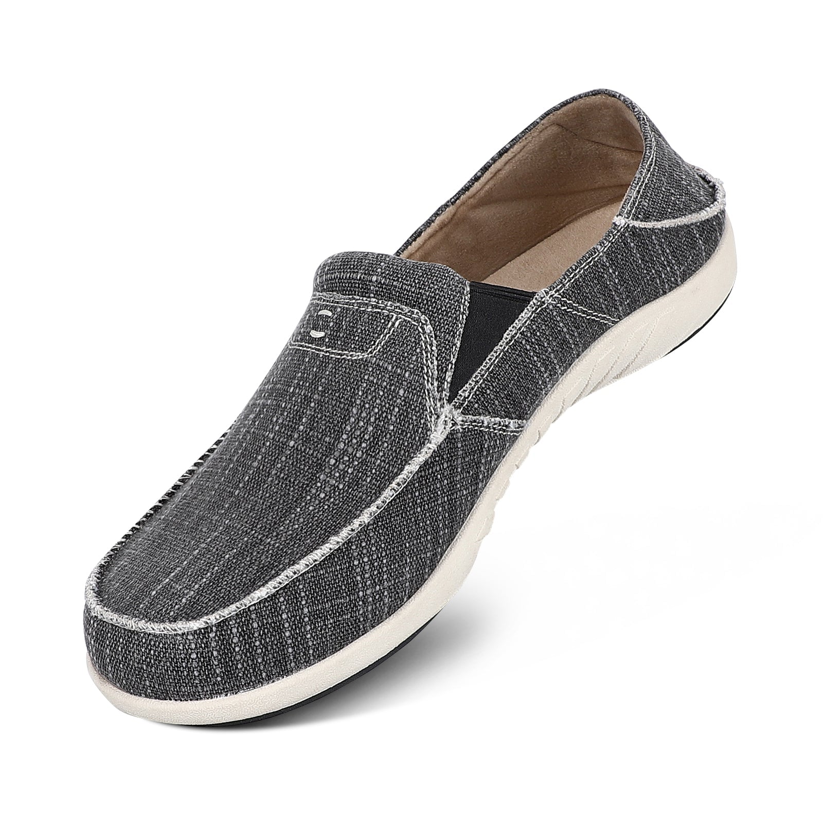 Gray textured slip-on loafer displayed at an angle to highlight the midsole and side profile