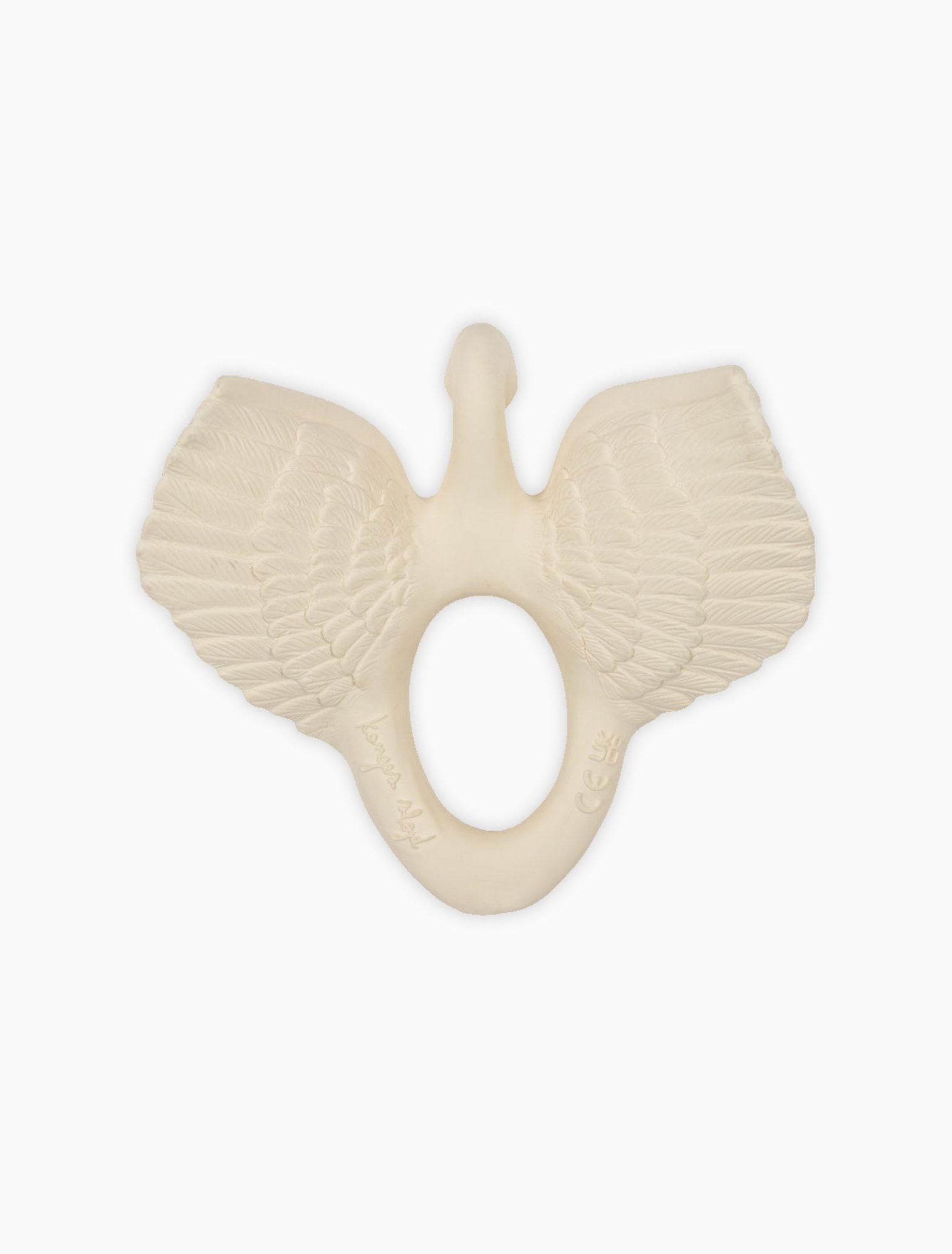 Cream-colored rubber teething ring shaped like a swan with sculpted feather details on both wings and smooth oval center hole
