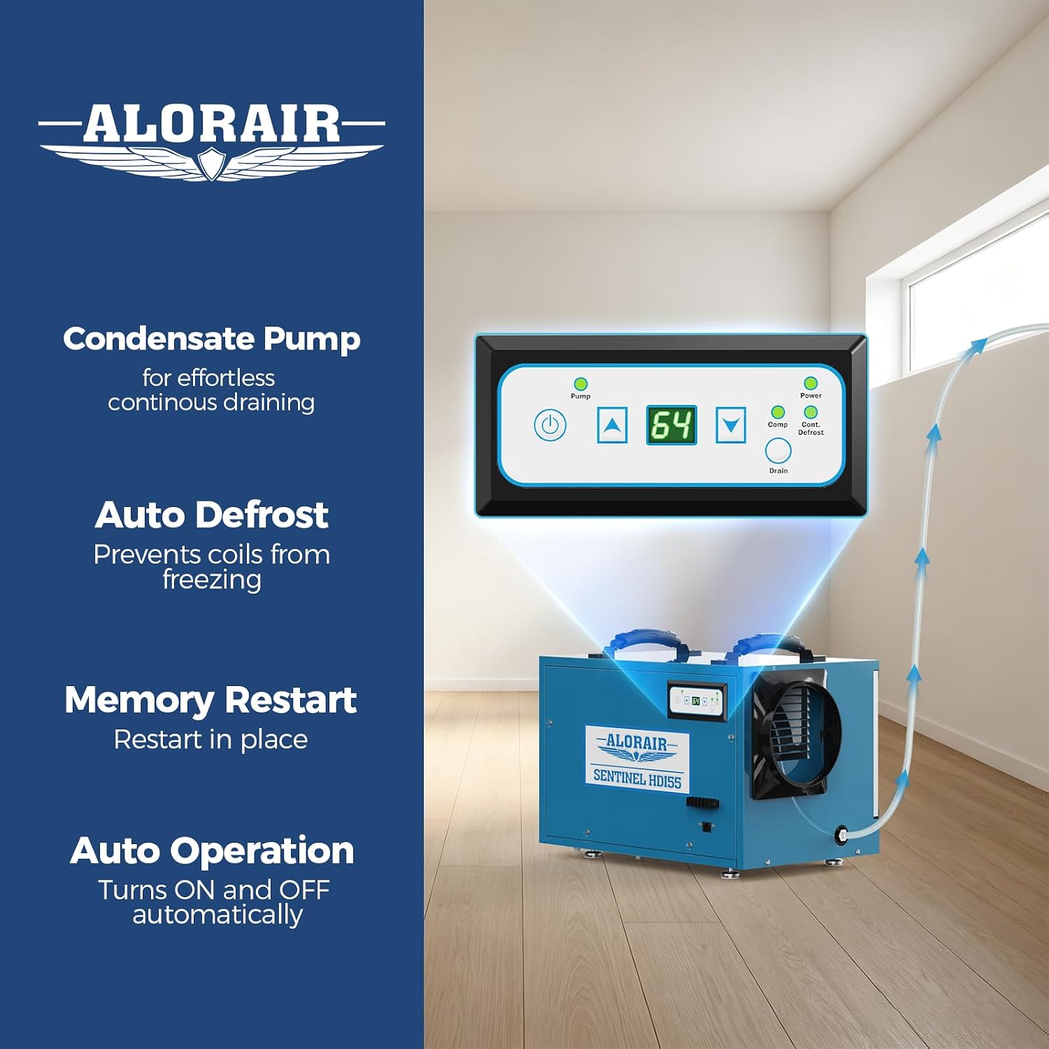 Dehumidifier installed in residential room with digital control panel on wall displaying humidity level and feature icons for pump, power, defrost, and drain functions