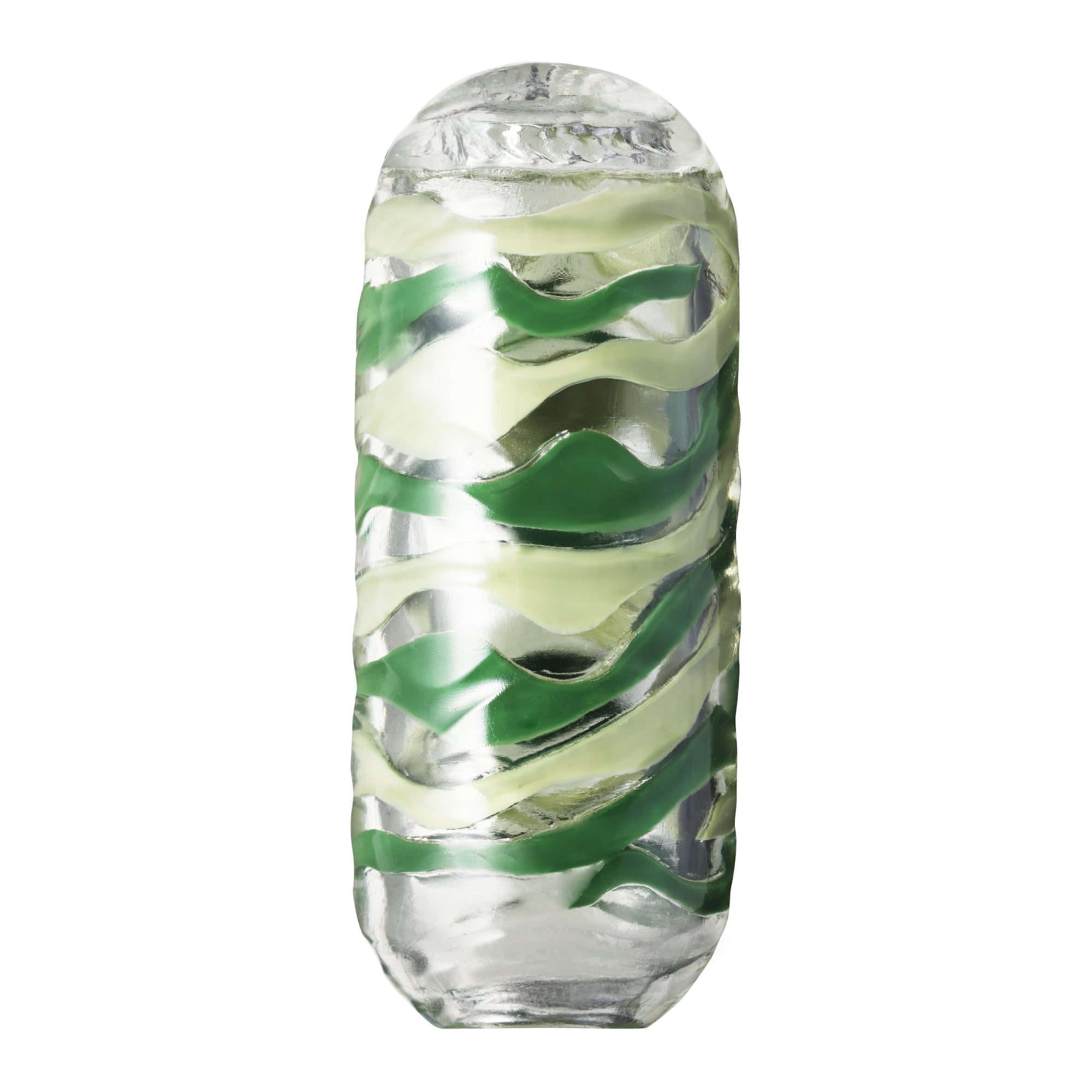 Clear cylindrical container with spiraling green and white bands filled with ice and liquid