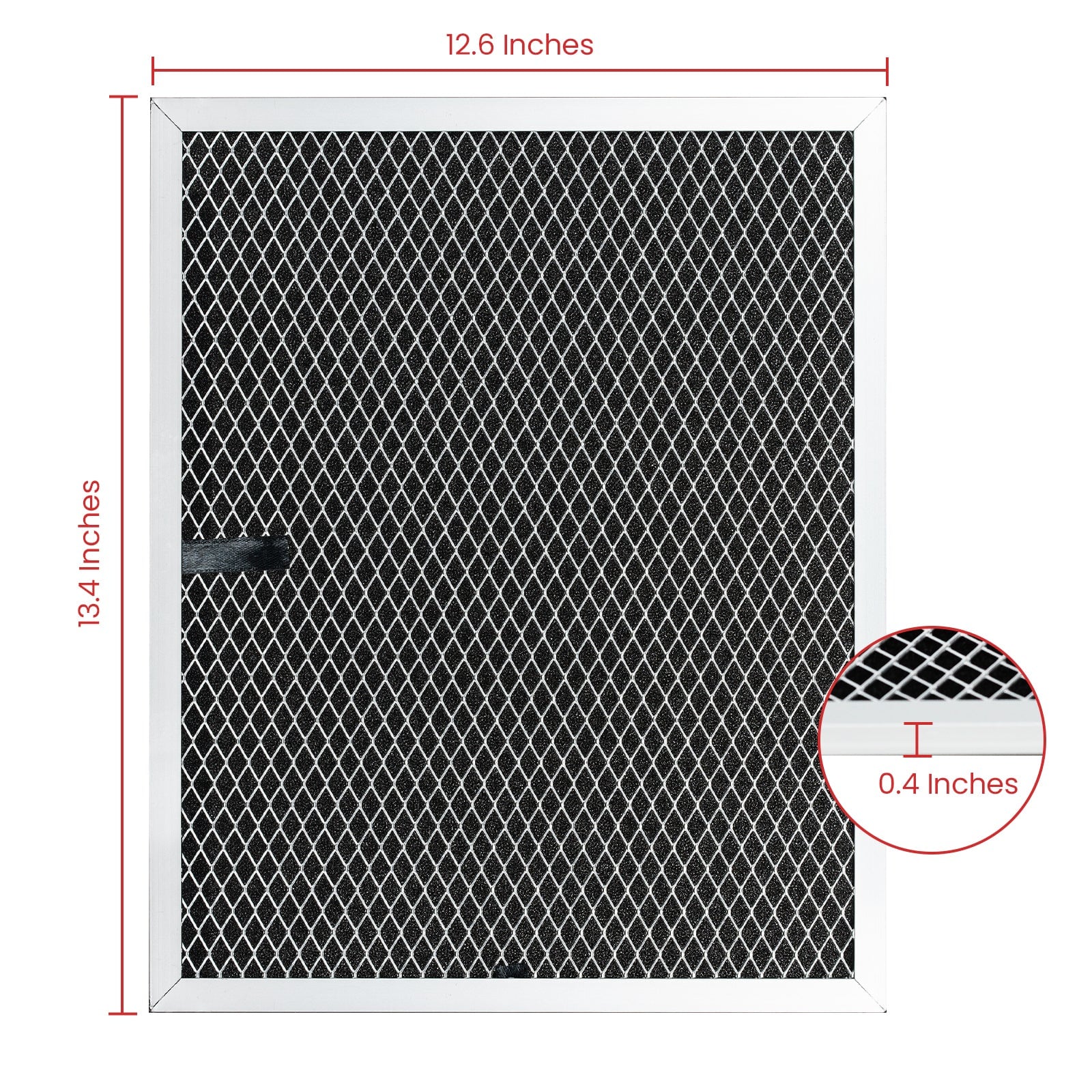 Close-up dimensions of replacement filter showing 12.6 inches wide by 13.4 inches tall with 0.4 inch thickness