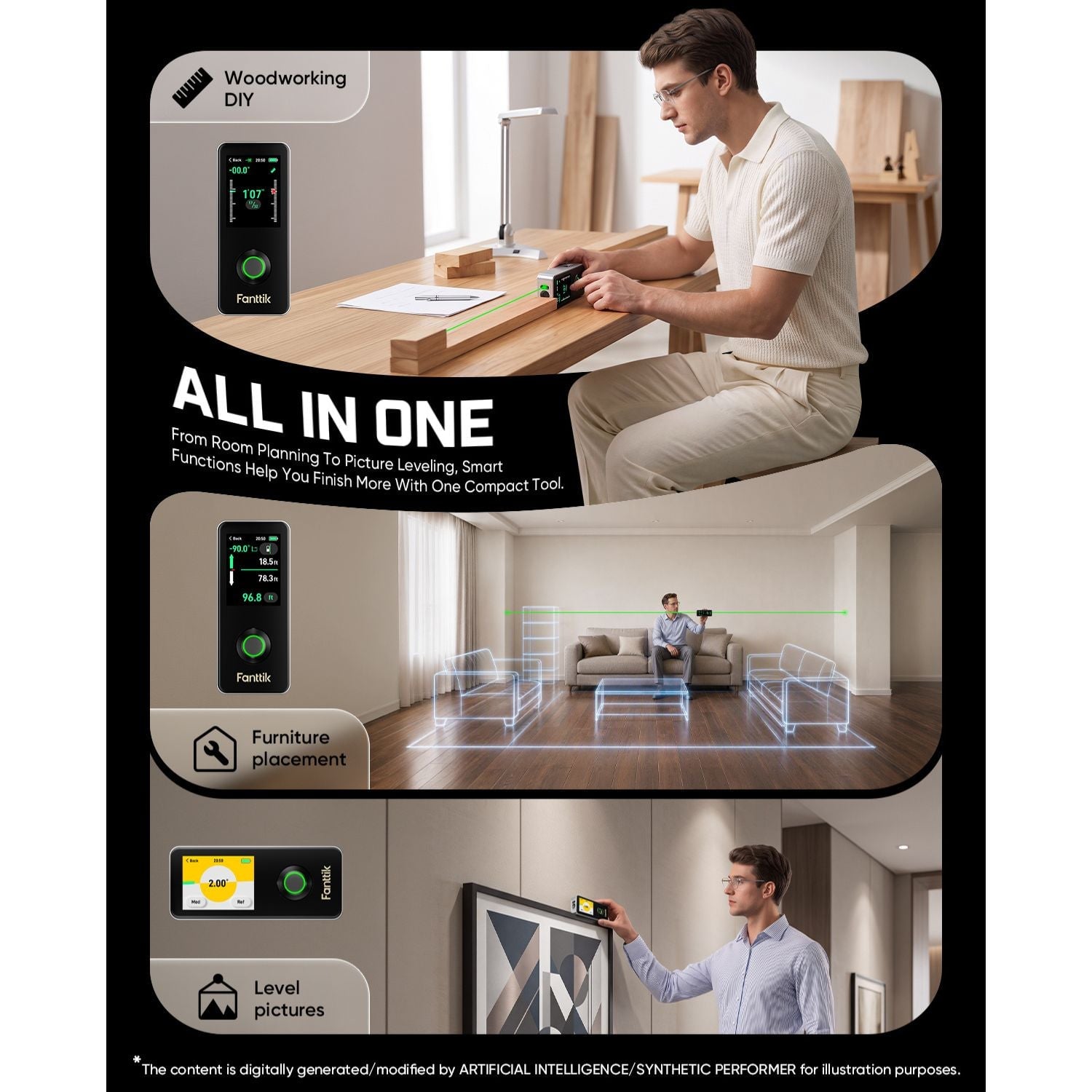 Compact digital laser measuring device with multiple measurement functions for woodworking, furniture placement, and picture leveling