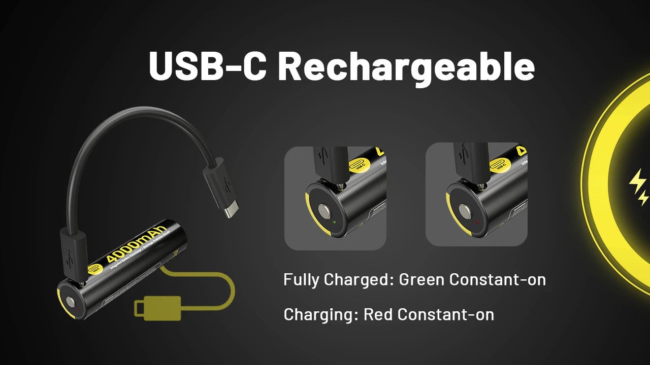 USB-C rechargeable battery with charging cable, showing green constant-on indicator for fully charged and red constant-on for charging status