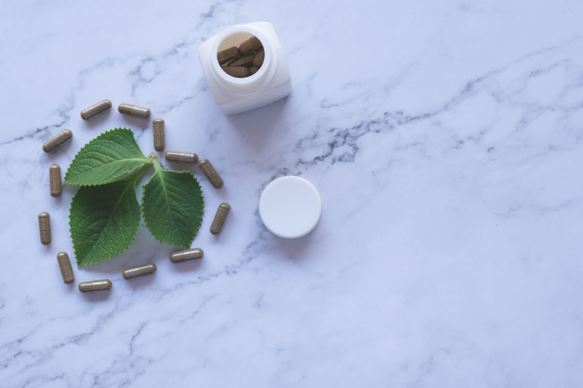 Herbal capsule supplements arranged around fresh green leaves on a marble surface with an open bottle