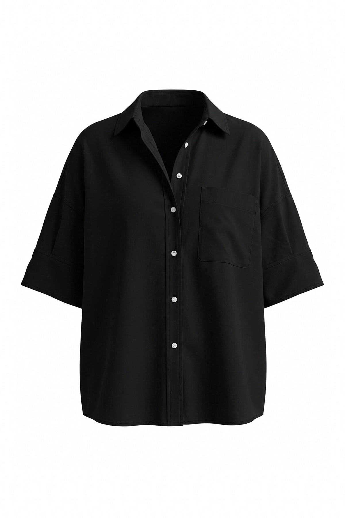 Black oversized button-up shirt with short sleeves and chest pocket on white background