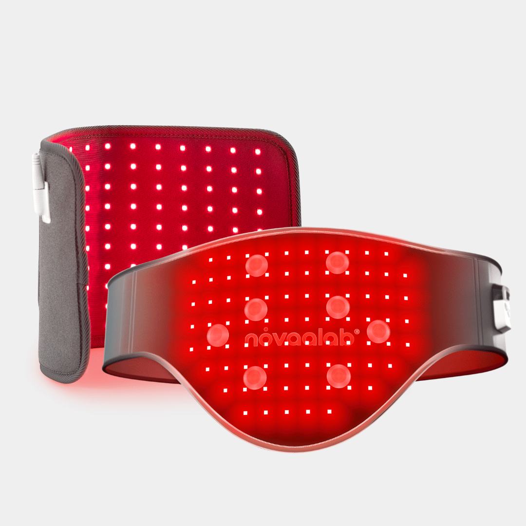 Red light therapy device with grid of LED lights and gray fabric back panel
