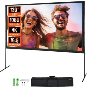 VEVOR Projector Screen with Stand, 120 inch 16:9 4K 1080 HD Outdoor Movie Screen with Stand, Wrinkle-Free Projection Screen with Bar Feet and Carry Ba